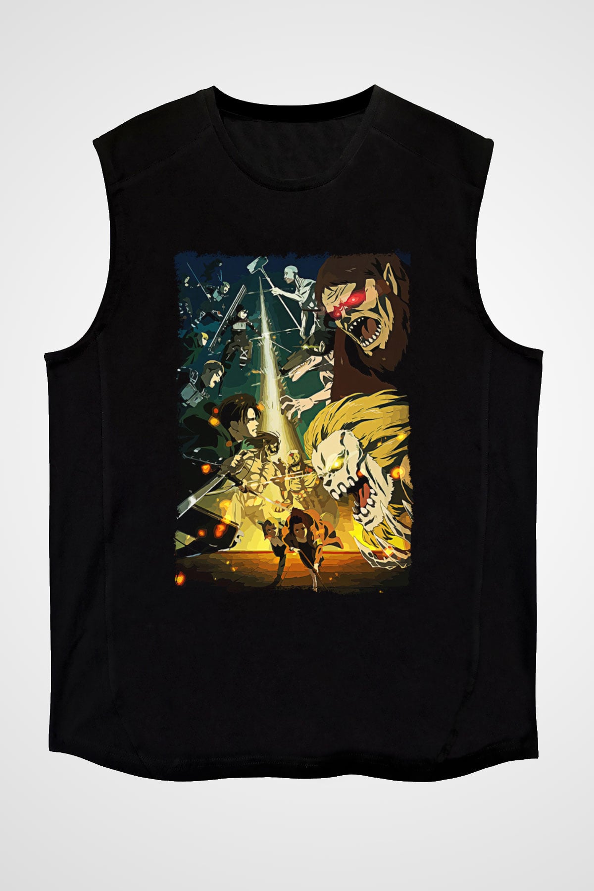 Attack On Titan Baskılı Unisex Siyah Kolsuz Tişört - Tshirt
