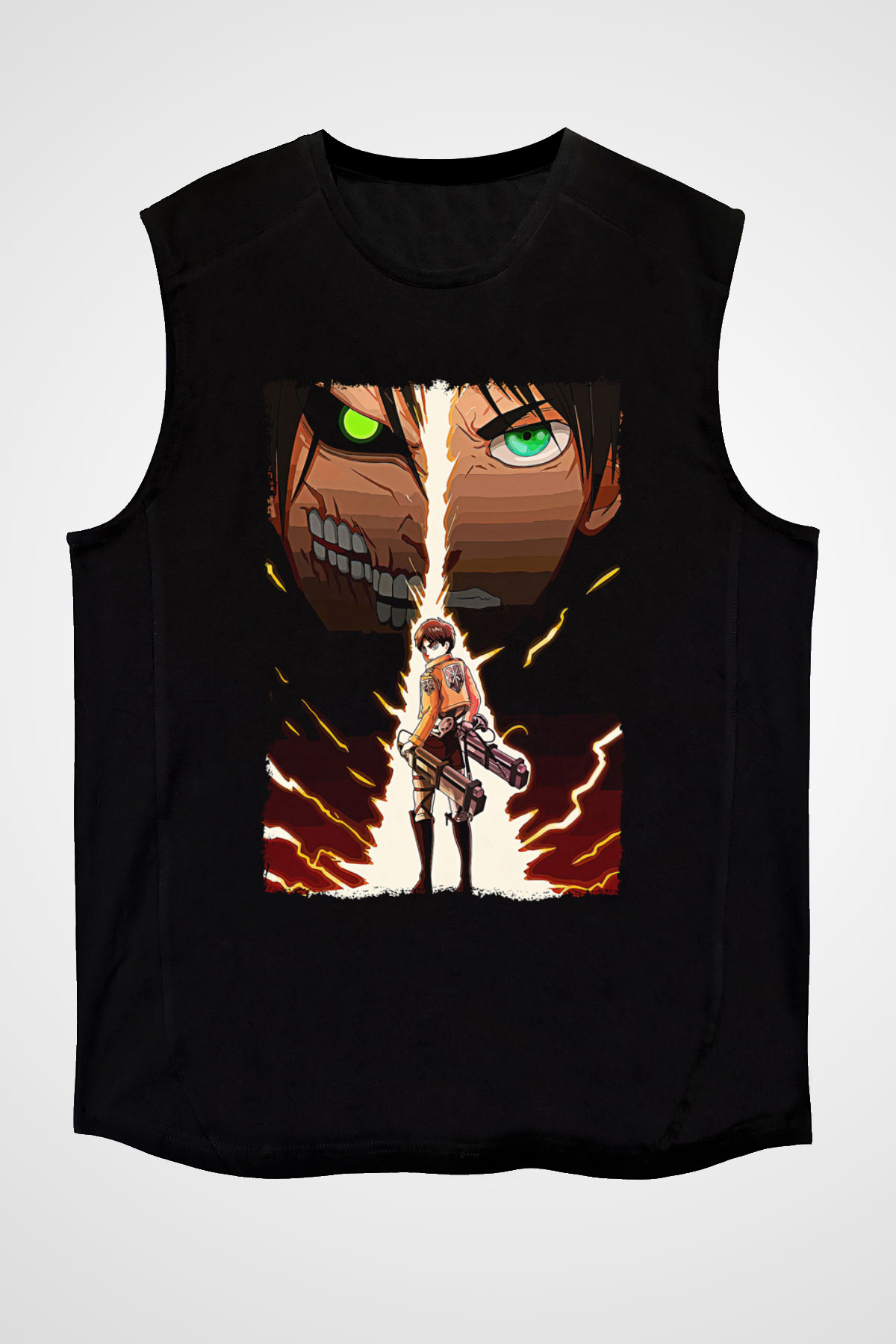 Attack On Titan Baskılı Unisex Siyah Kolsuz Tişört - Tshirt