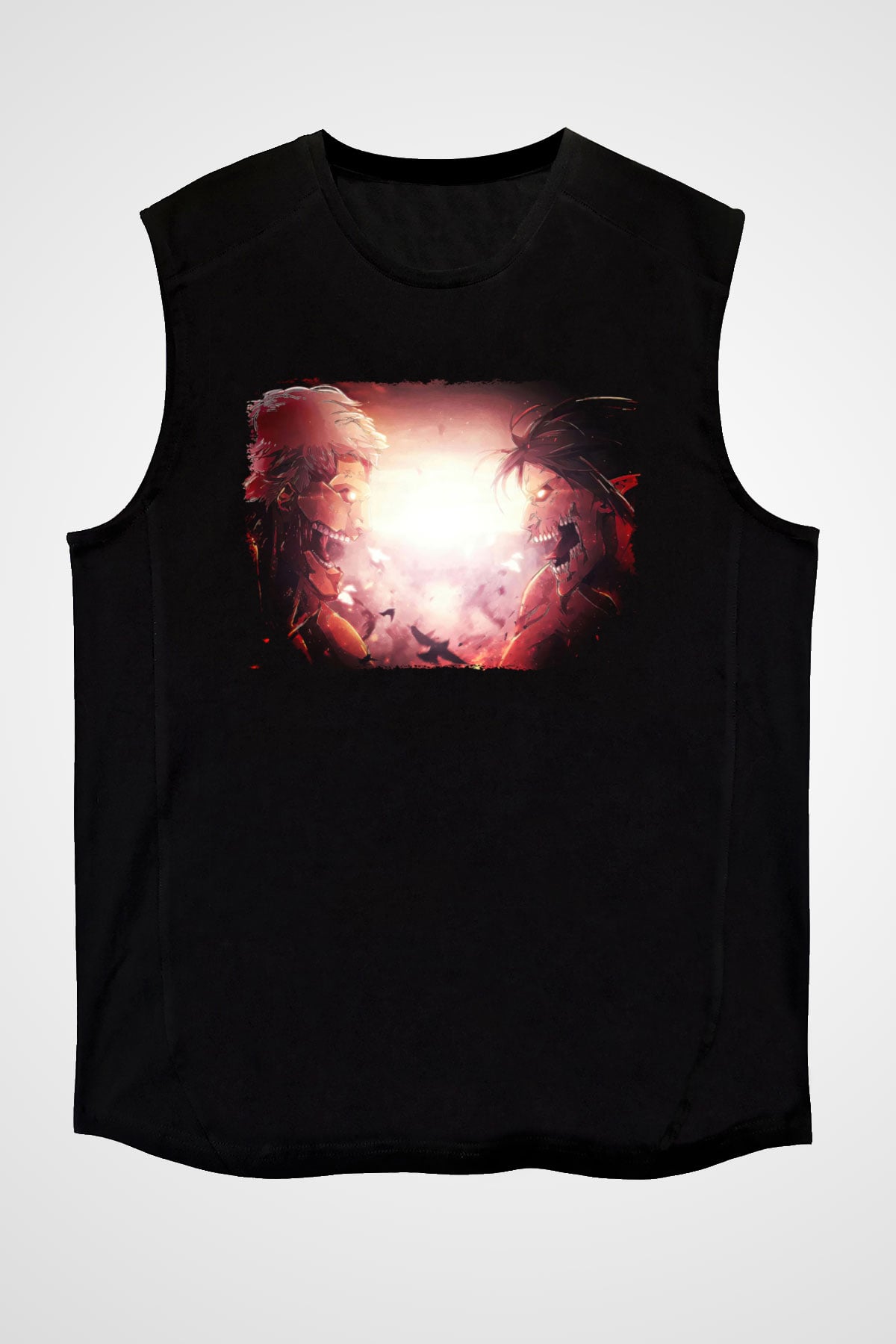 Attack On Titan Baskılı Unisex Siyah Kolsuz Tişört - Tshirt