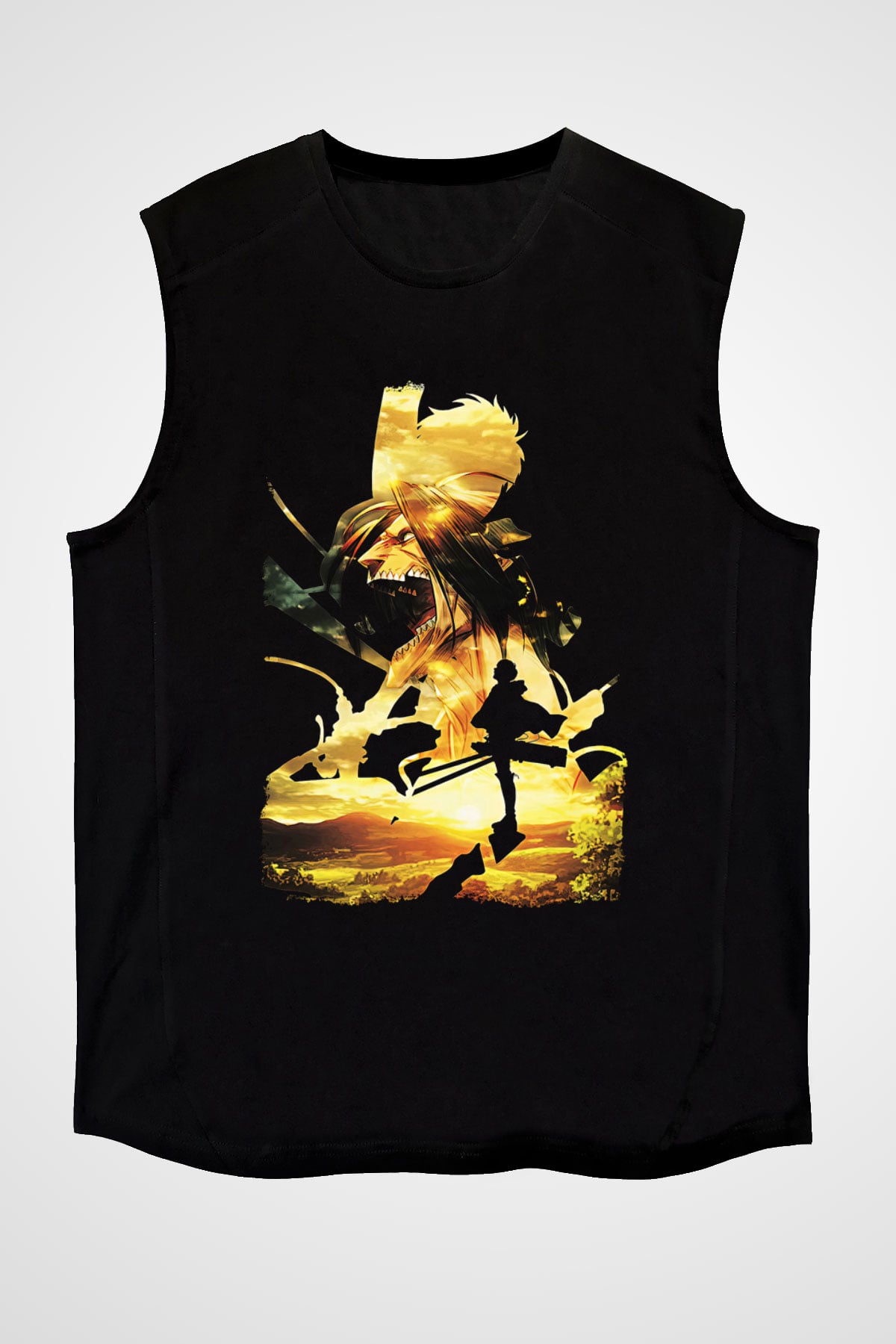 Attack On Titan Baskılı Unisex Siyah Kolsuz Tişört - Tshirt