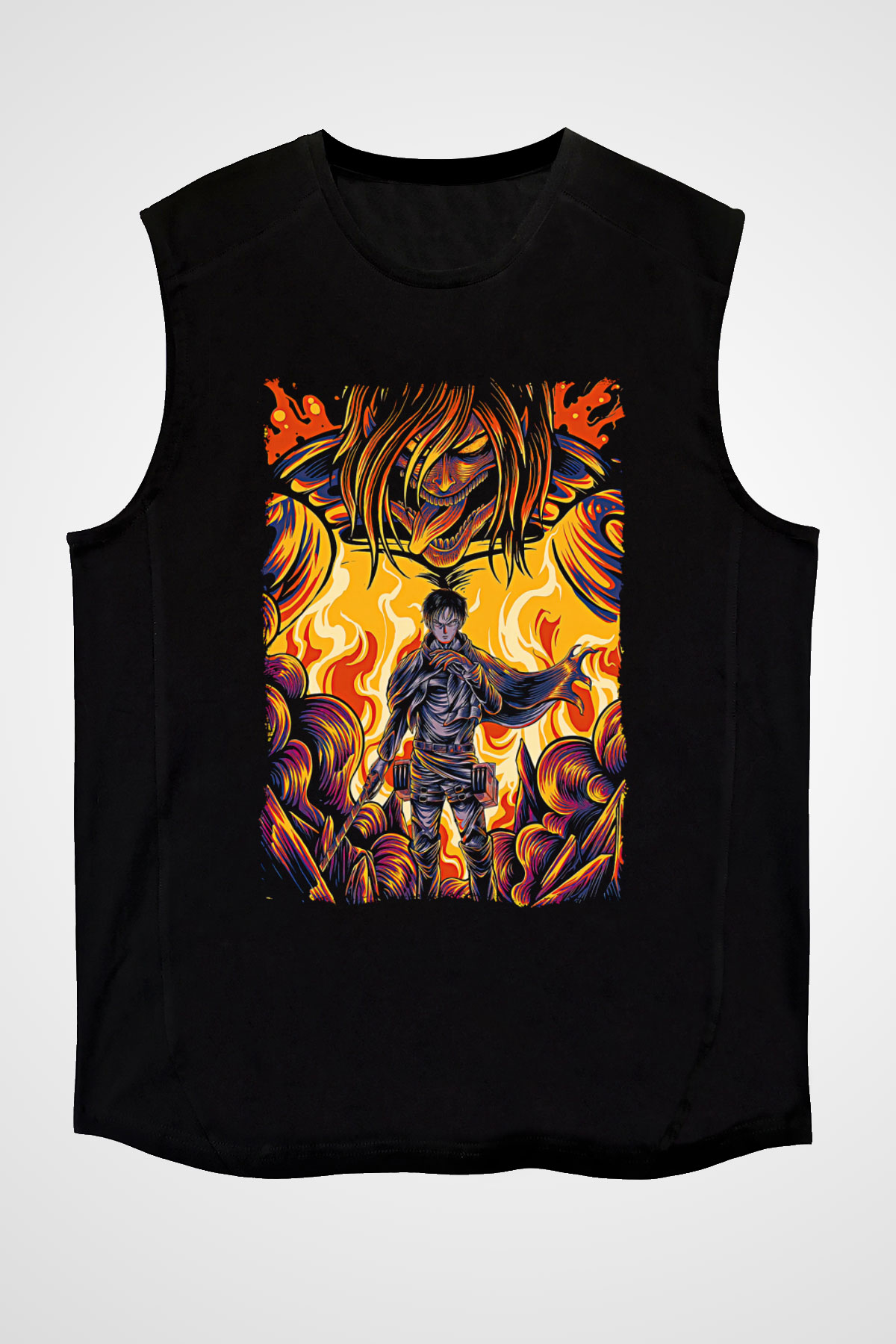 Attack On Titan Baskılı Unisex Siyah Kolsuz Tişört - Tshirt