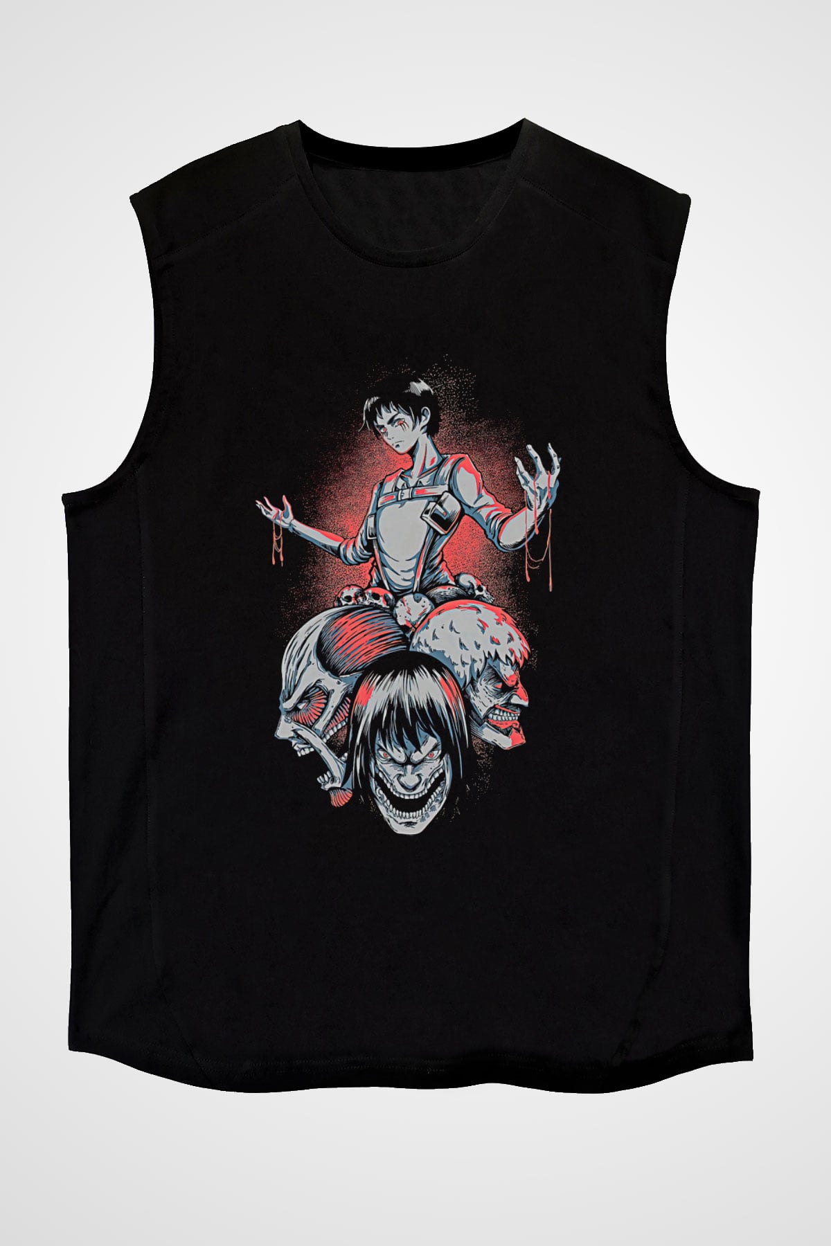 Attack On Titan Baskılı Unisex Siyah Kolsuz Tişört - Tshirt
