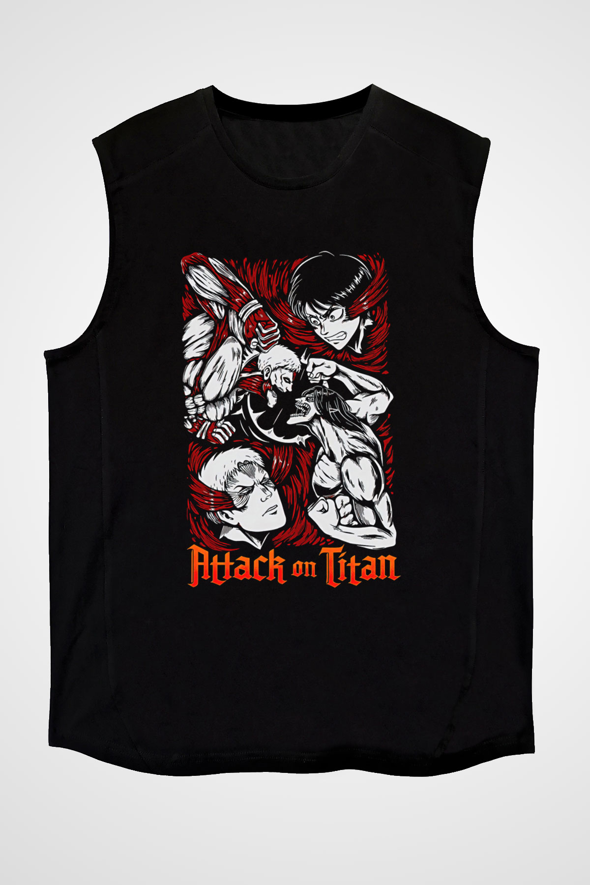 Attack On Titan Baskılı Unisex Siyah Kolsuz Tişört - Tshirt