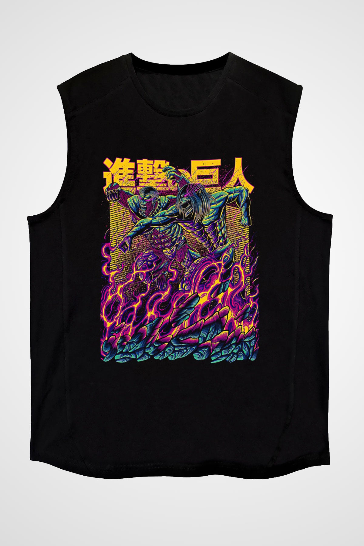 Attack On Titan Baskılı Unisex Siyah Kolsuz Tişört - Tshirt