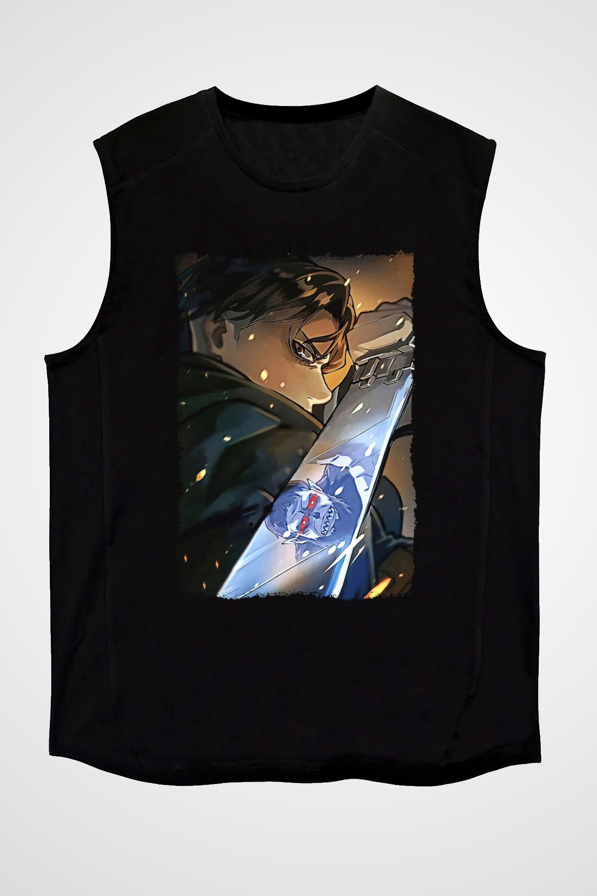 Attack On Titan Baskılı Unisex Siyah Kolsuz Tişört - Tshirt