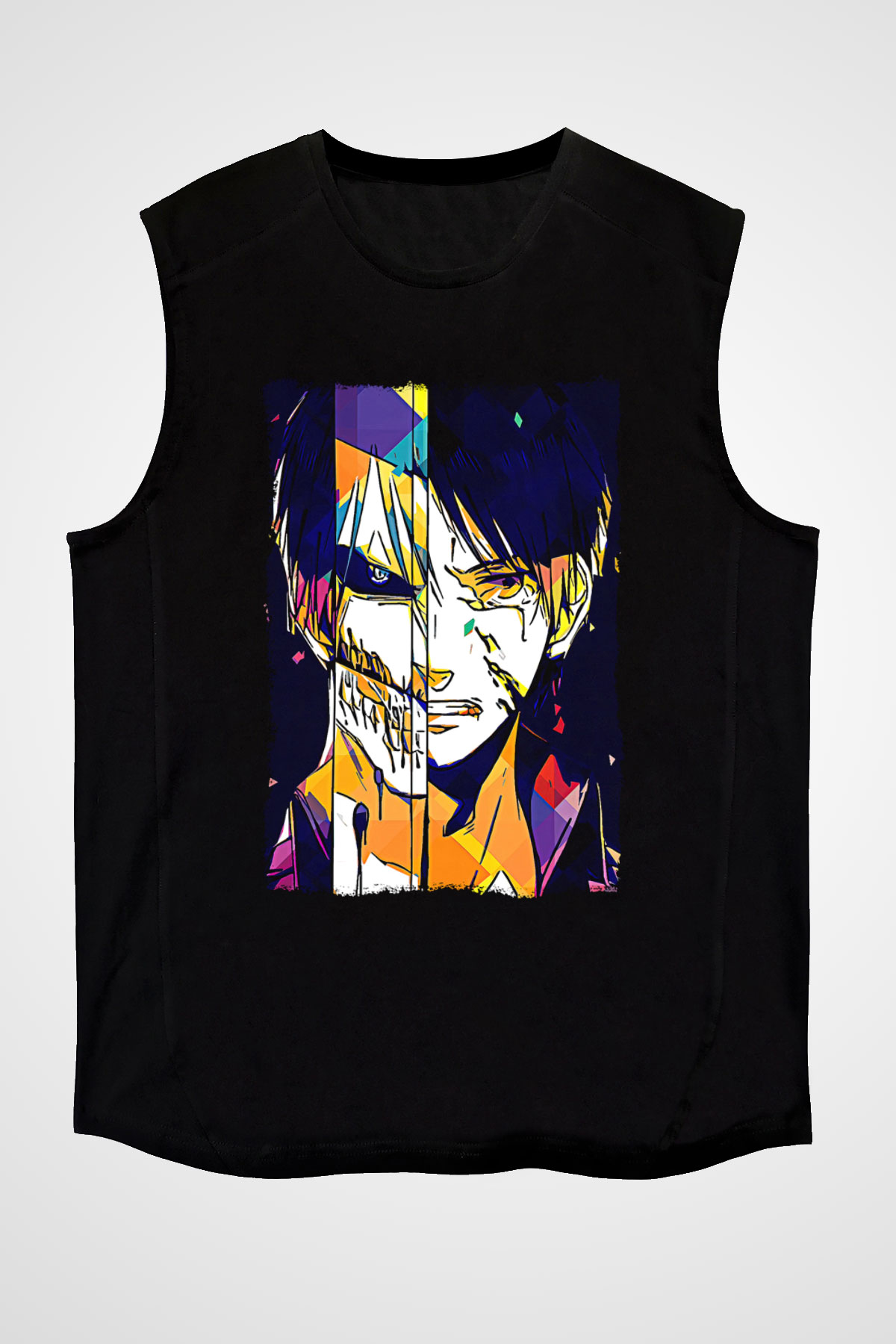 Attack On Titan Baskılı Unisex Siyah Kolsuz Tişört - Tshirt