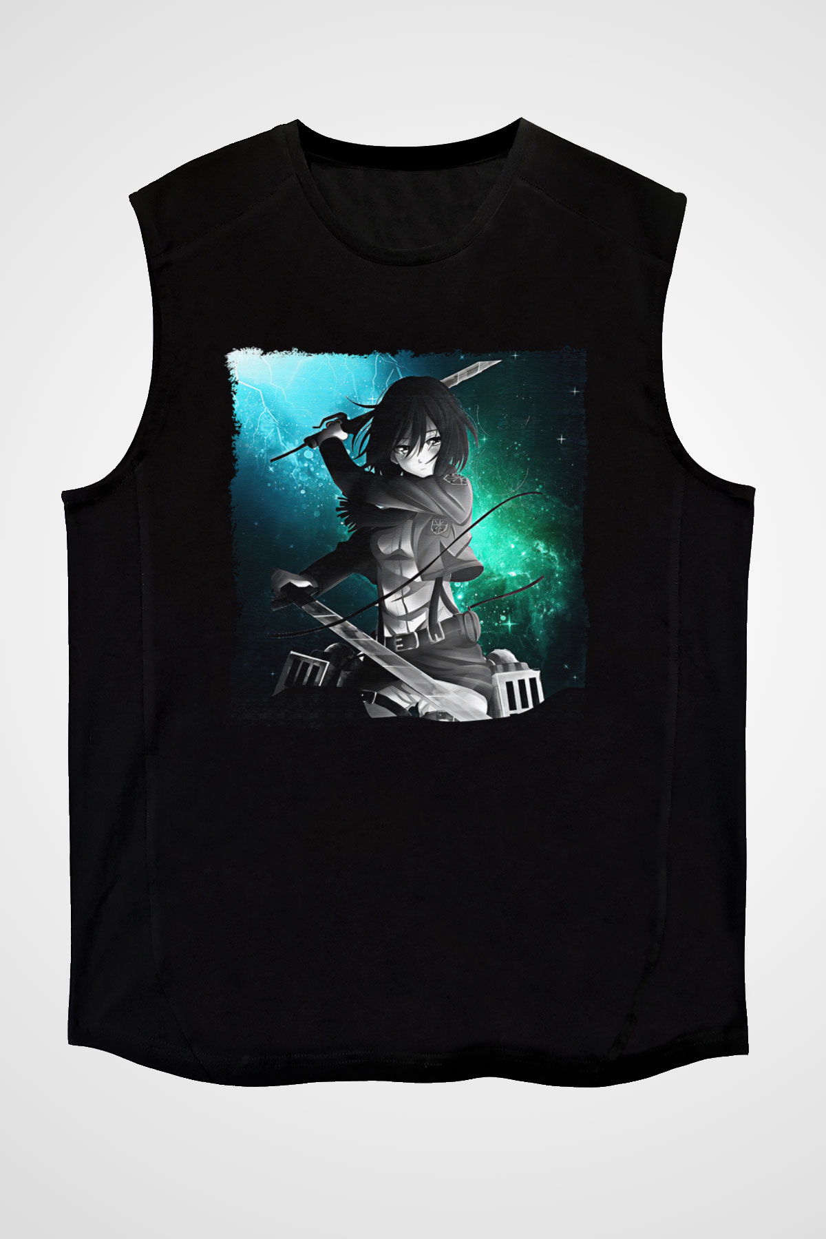 Attack On Titan Baskılı Unisex Siyah Kolsuz Tişört - Tshirt