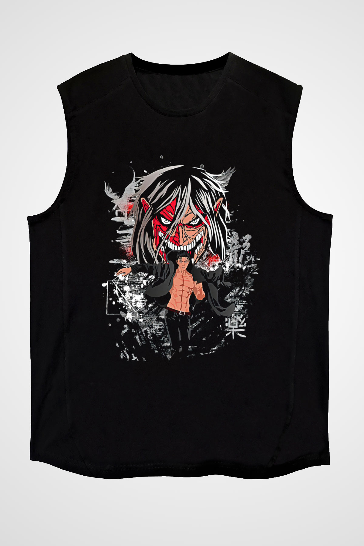 Attack On Titan Baskılı Unisex Siyah Kolsuz Tişört - Tshirt