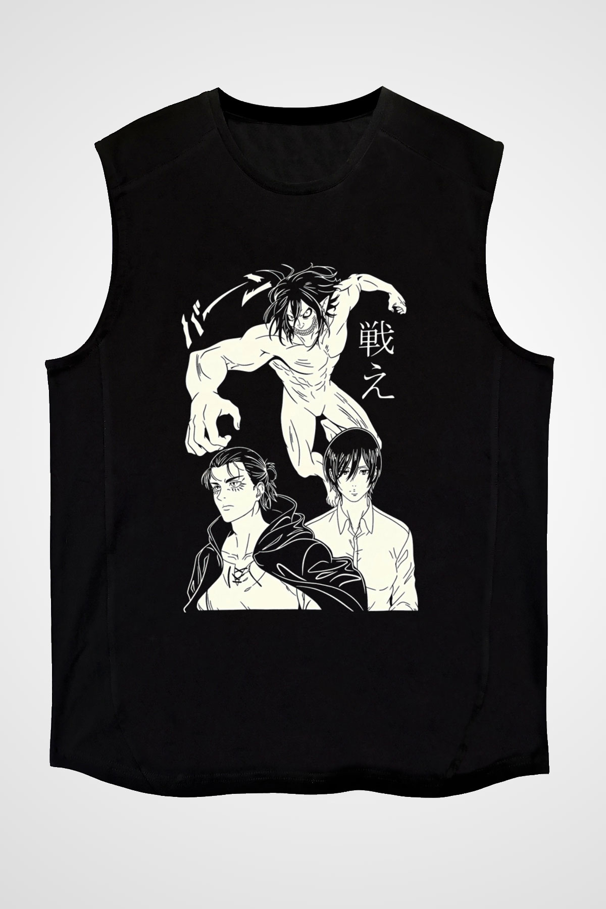 Attack On Titan Baskılı Unisex Siyah Kolsuz Tişört - Tshirt