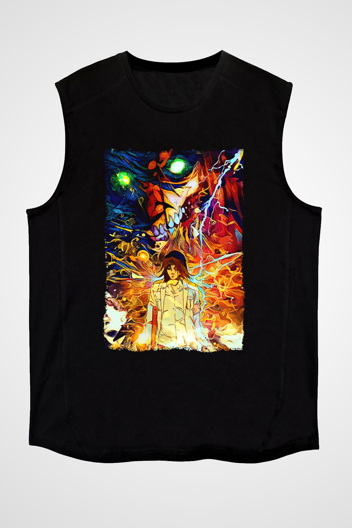 Attack On Titan Baskılı Unisex Siyah Kolsuz Tişört - Tshirt