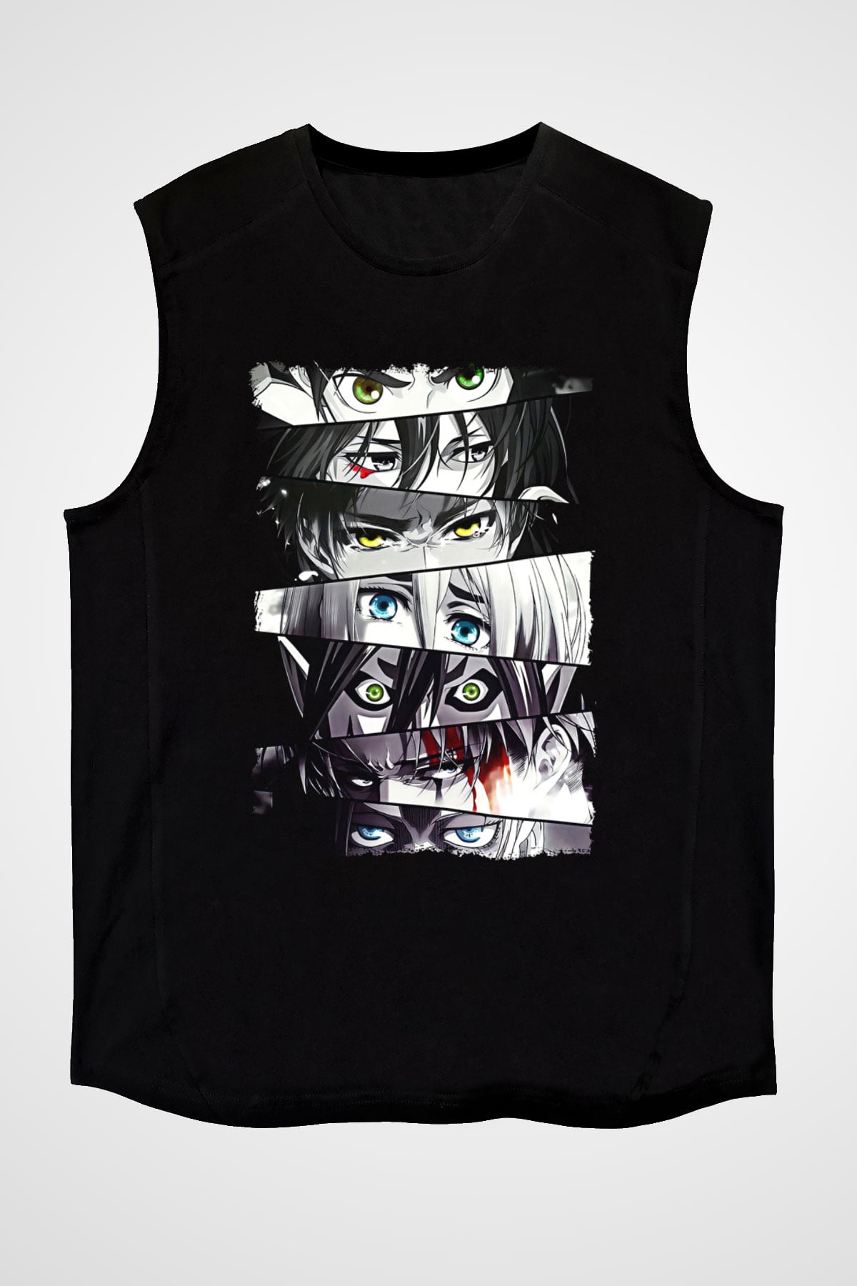 Attack On Titan Baskılı Unisex Siyah Kolsuz Tişört - Tshirt