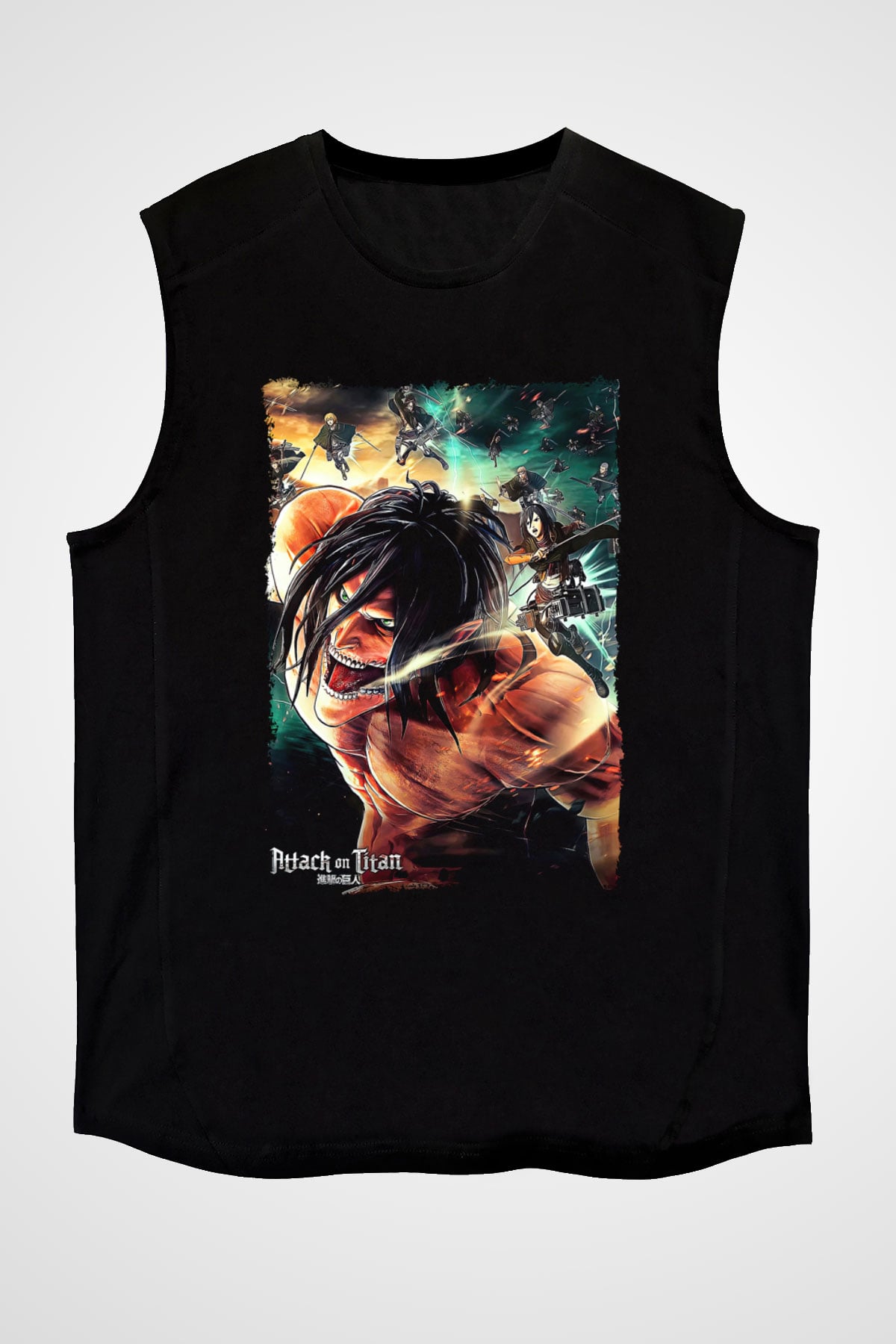 Attack On Titan Baskılı Unisex Siyah Kolsuz Tişört - Tshirt