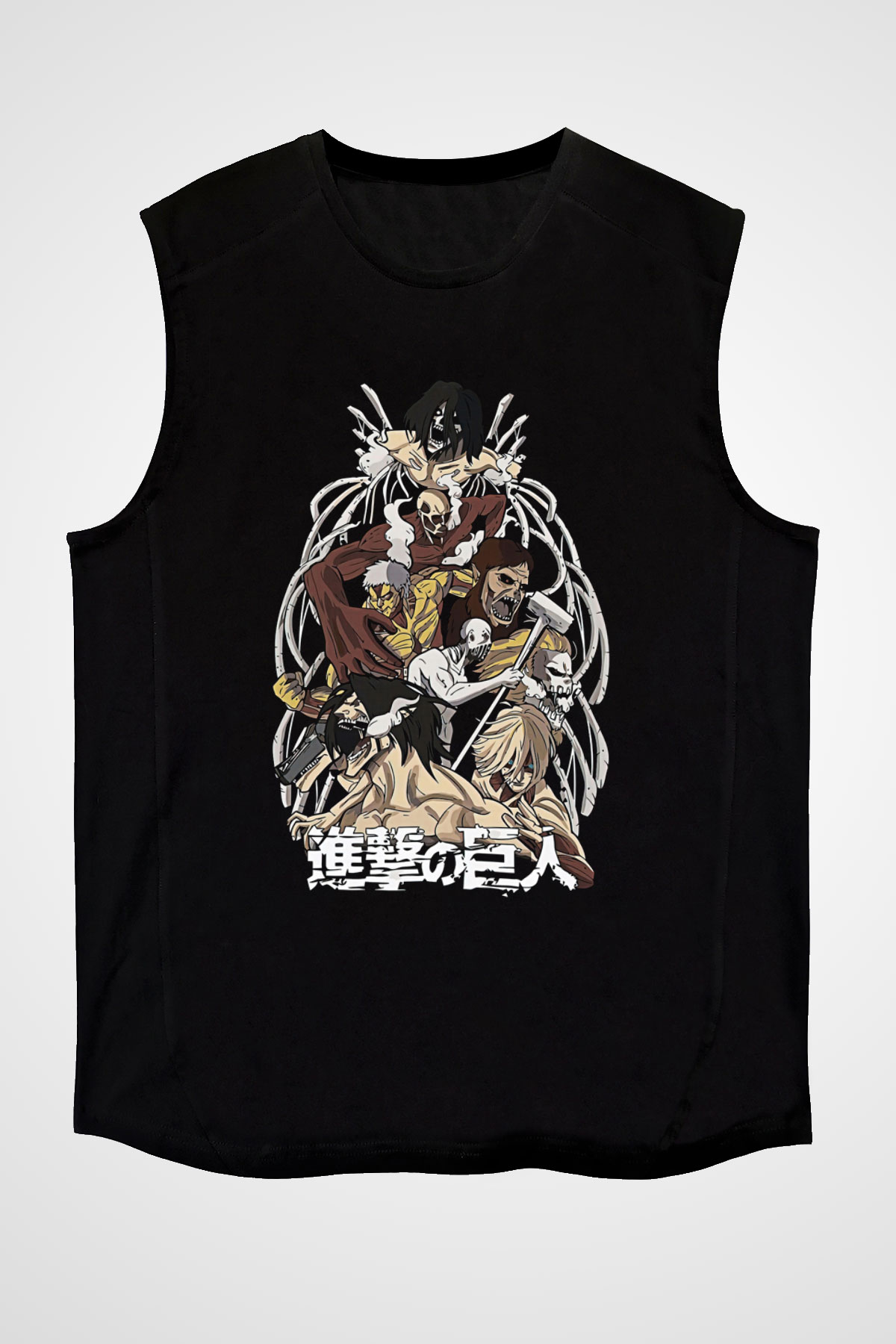 Attack On Titan Baskılı Unisex Siyah Kolsuz Tişört - Tshirt