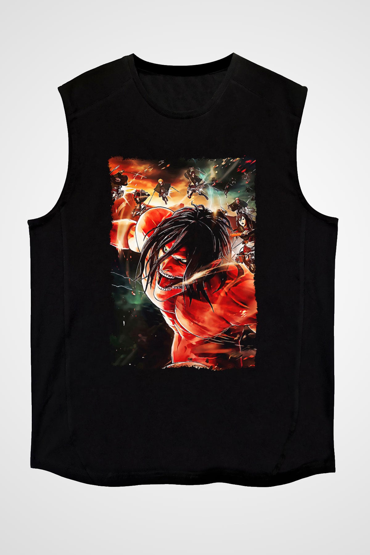 Attack On Titan Baskılı Unisex Siyah Kolsuz Tişört - Tshirt