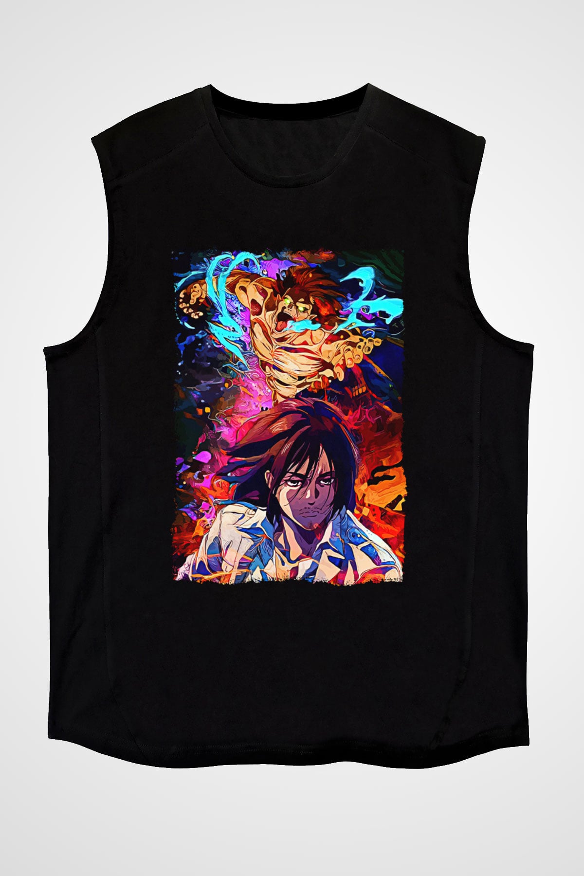 Attack On Titan Baskılı Unisex Siyah Kolsuz Tişört - Tshirt