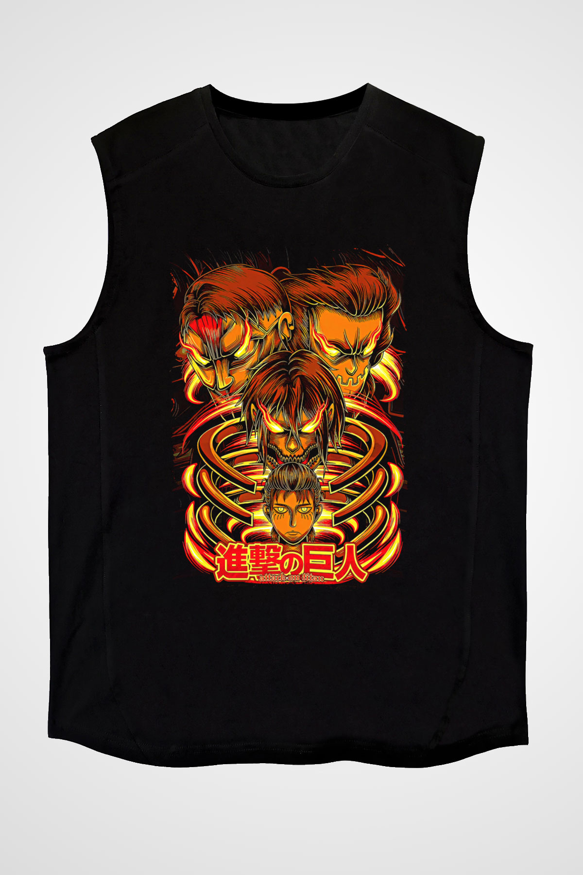 Attack On Titan Baskılı Unisex Siyah Kolsuz Tişört - Tshirt