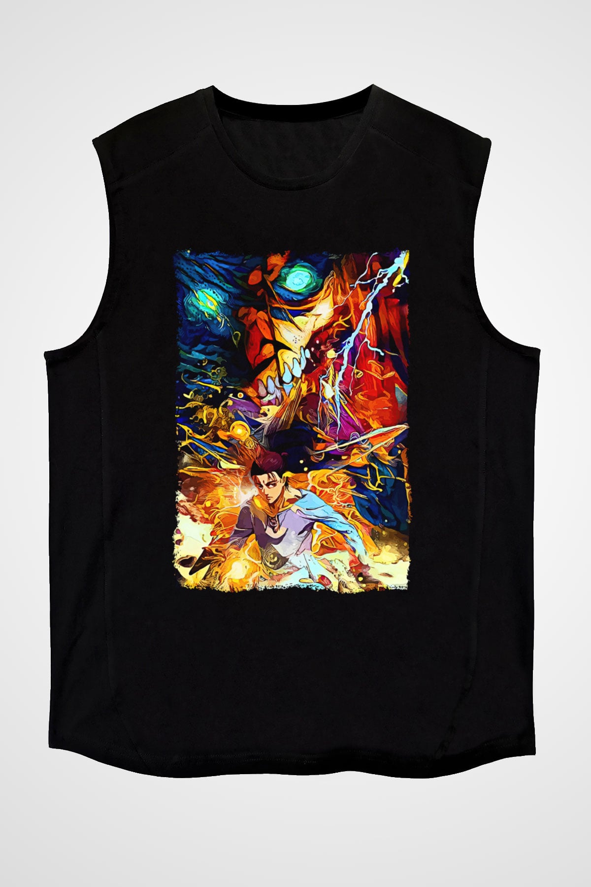 Attack On Titan Baskılı Unisex Siyah Kolsuz Tişört - Tshirt