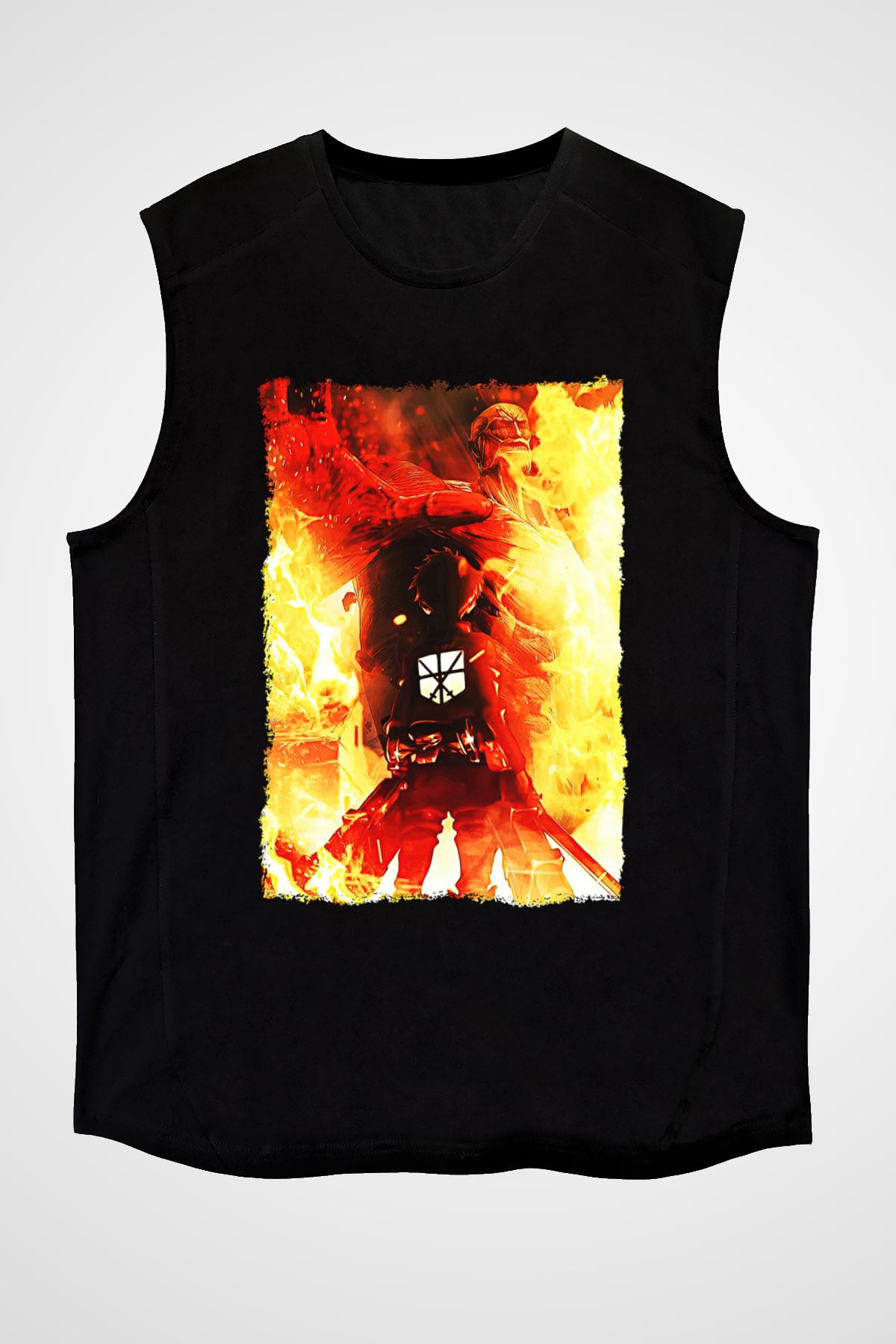 Attack On Titan Baskılı Unisex Siyah Kolsuz Tişört - Tshirt