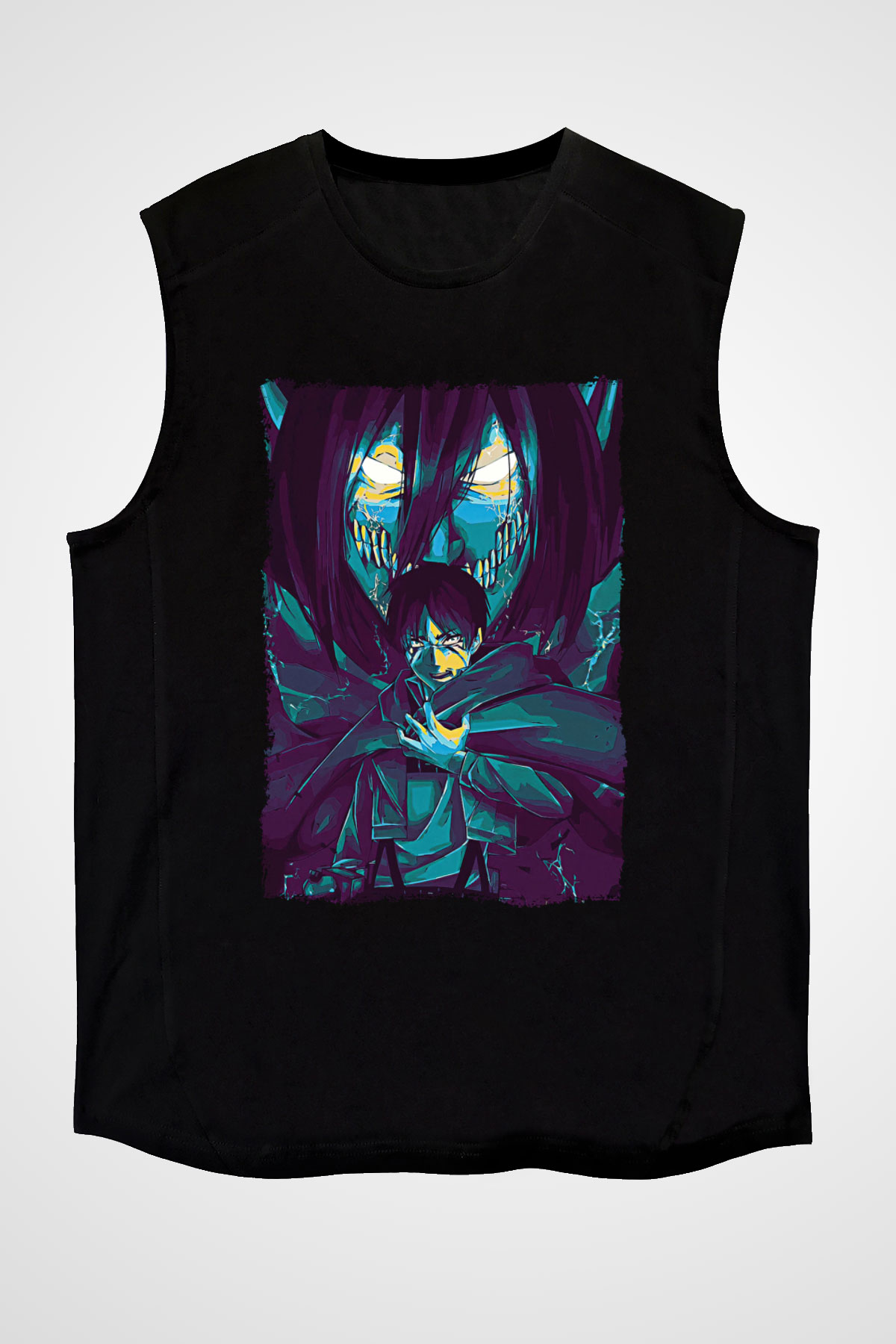 Attack On Titan Baskılı Unisex Siyah Kolsuz Tişört - Tshirt