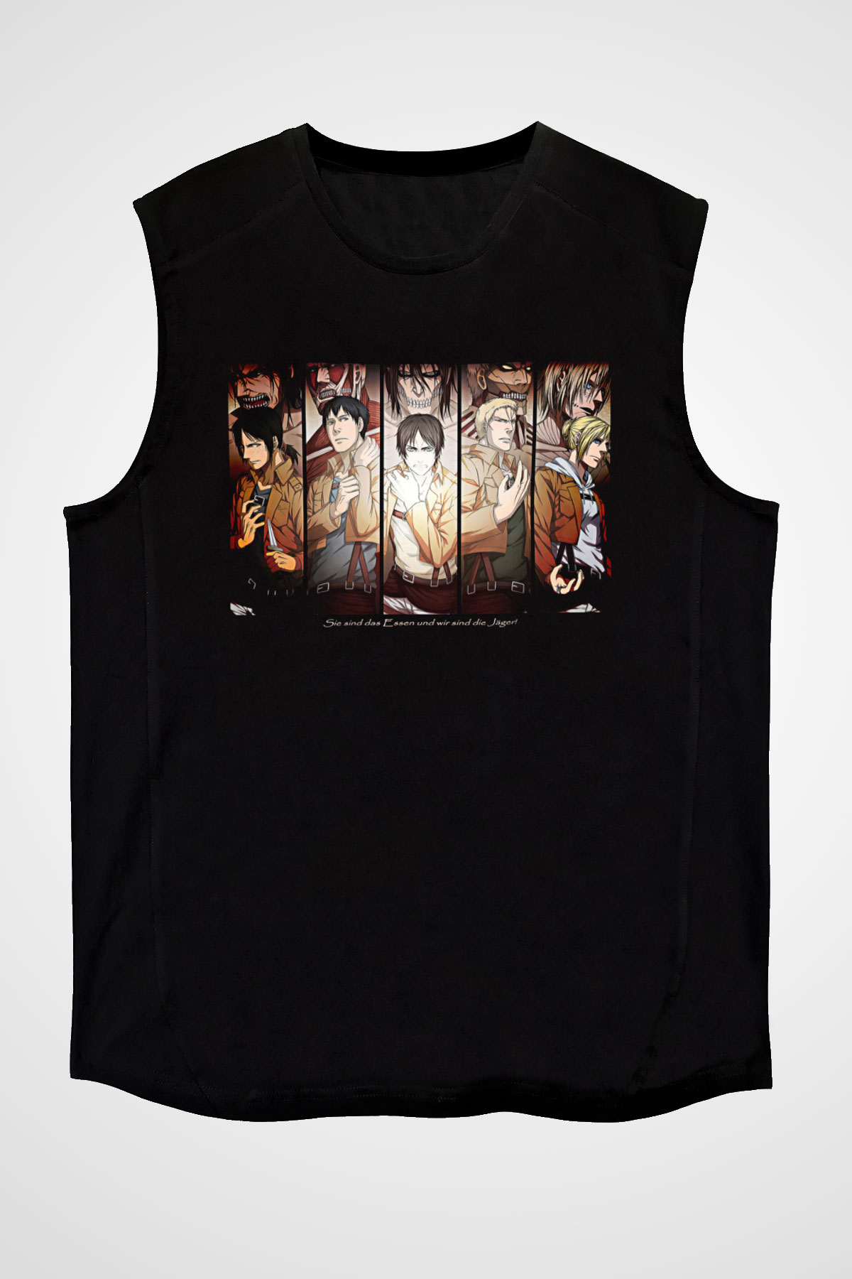 Attack On Titan Baskılı Unisex Siyah Kolsuz Tişört - Tshirt