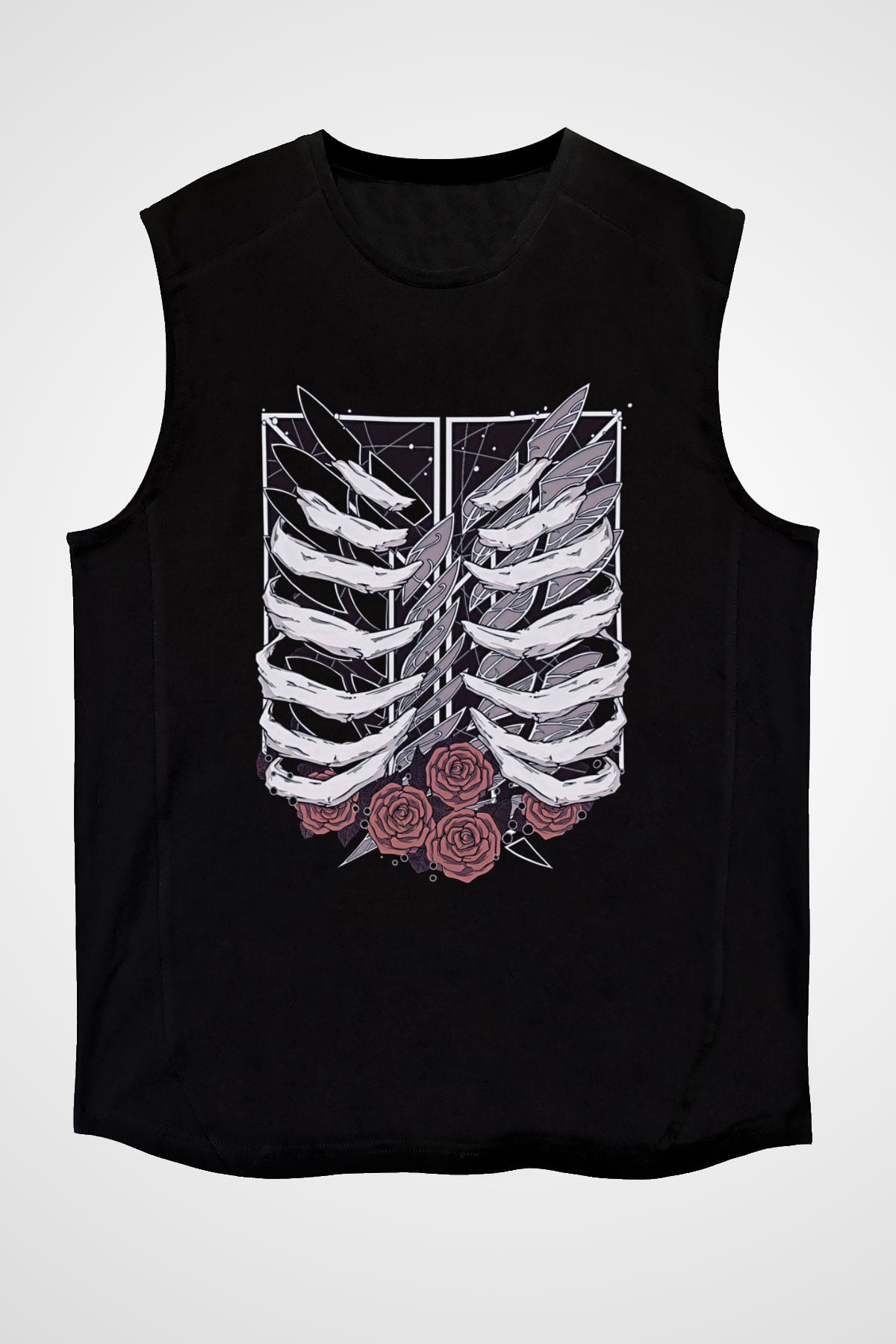 Attack On Titan Baskılı Unisex Siyah Kolsuz Tişört - Tshirt