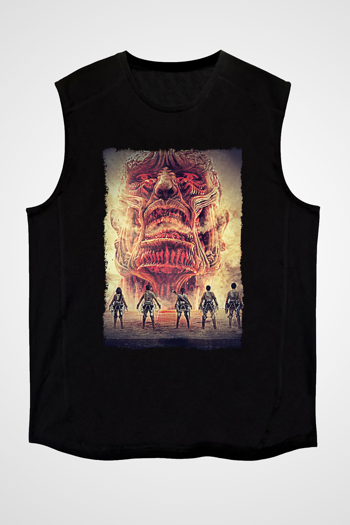Attack On Titan Baskılı Unisex Siyah Kolsuz Tişört - Tshirt