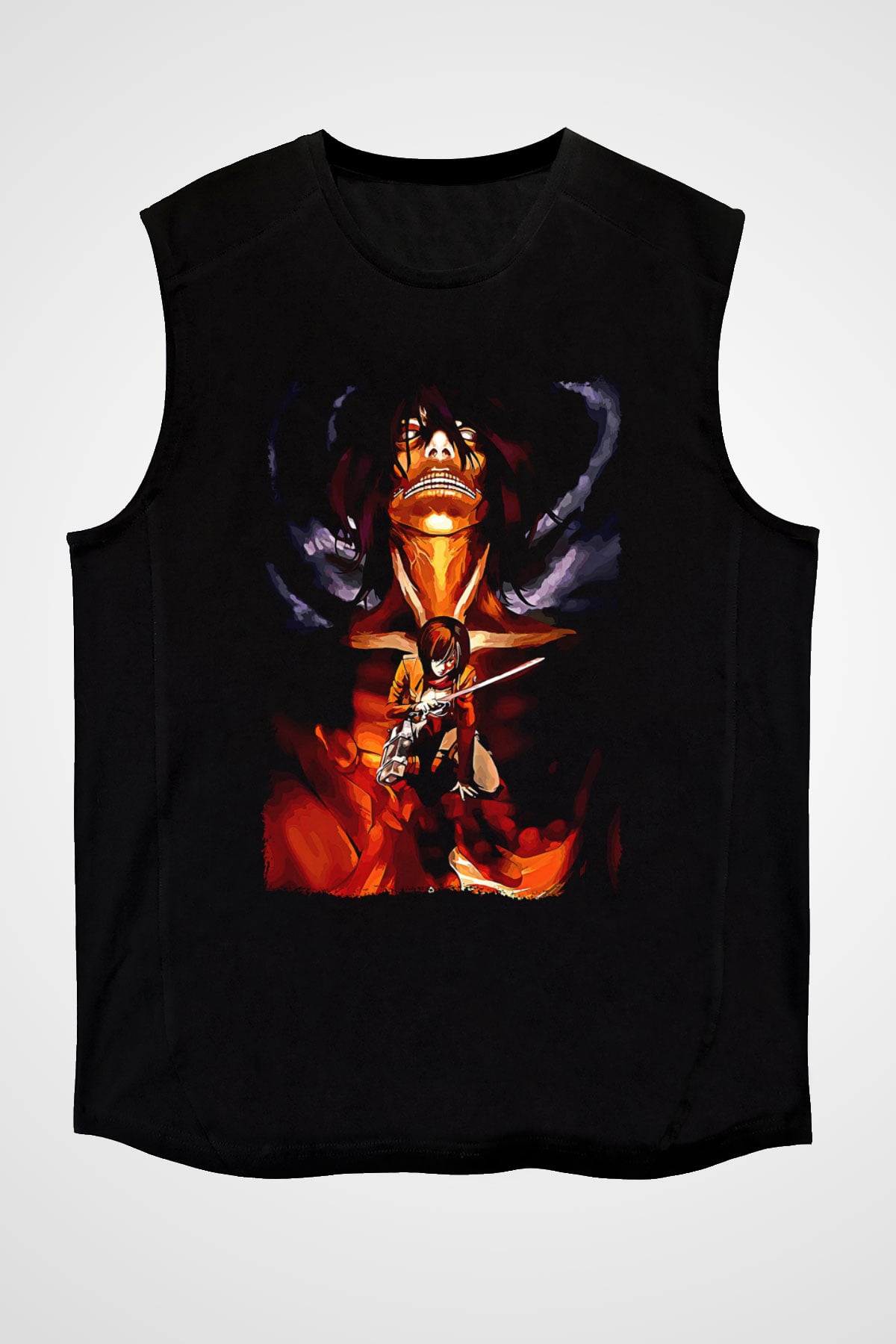 Attack On Titan Baskılı Unisex Siyah Kolsuz Tişört - Tshirt