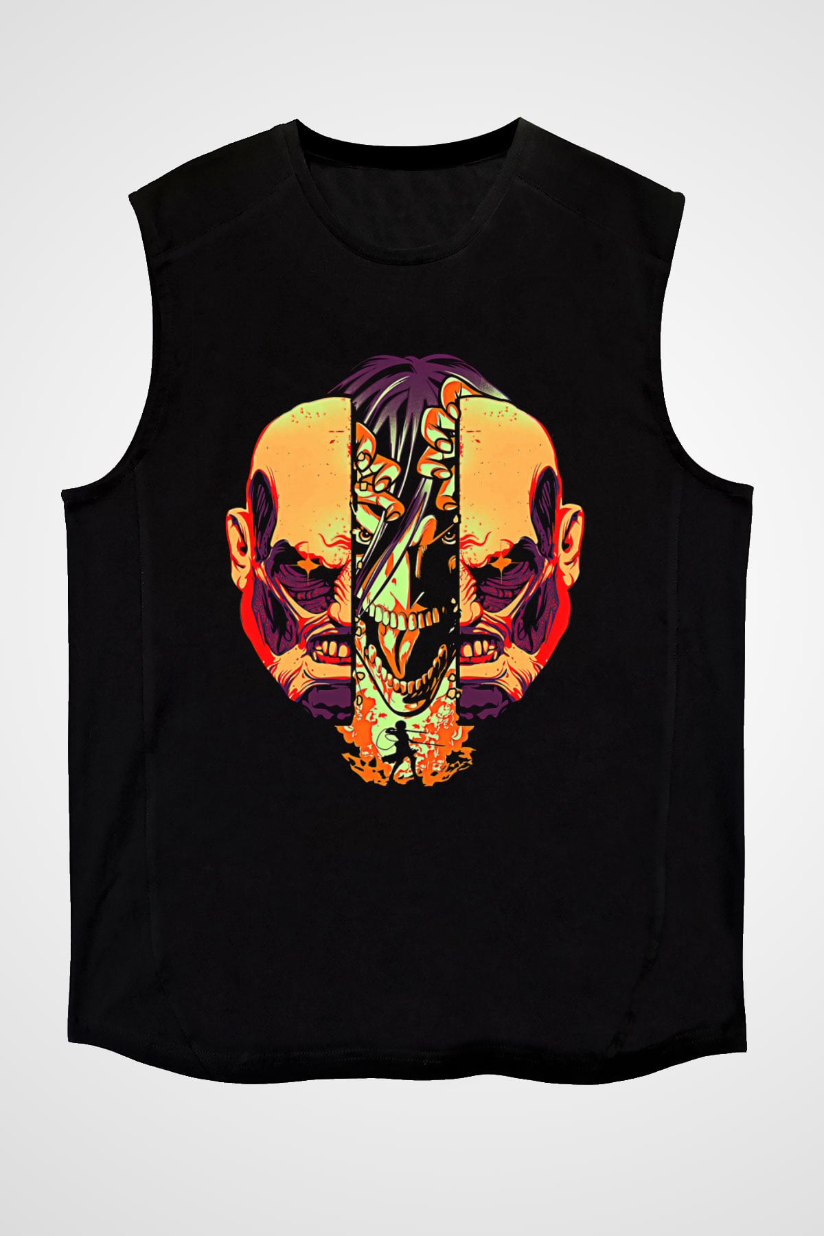 Attack On Titan Baskılı Unisex Siyah Kolsuz Tişört - Tshirt