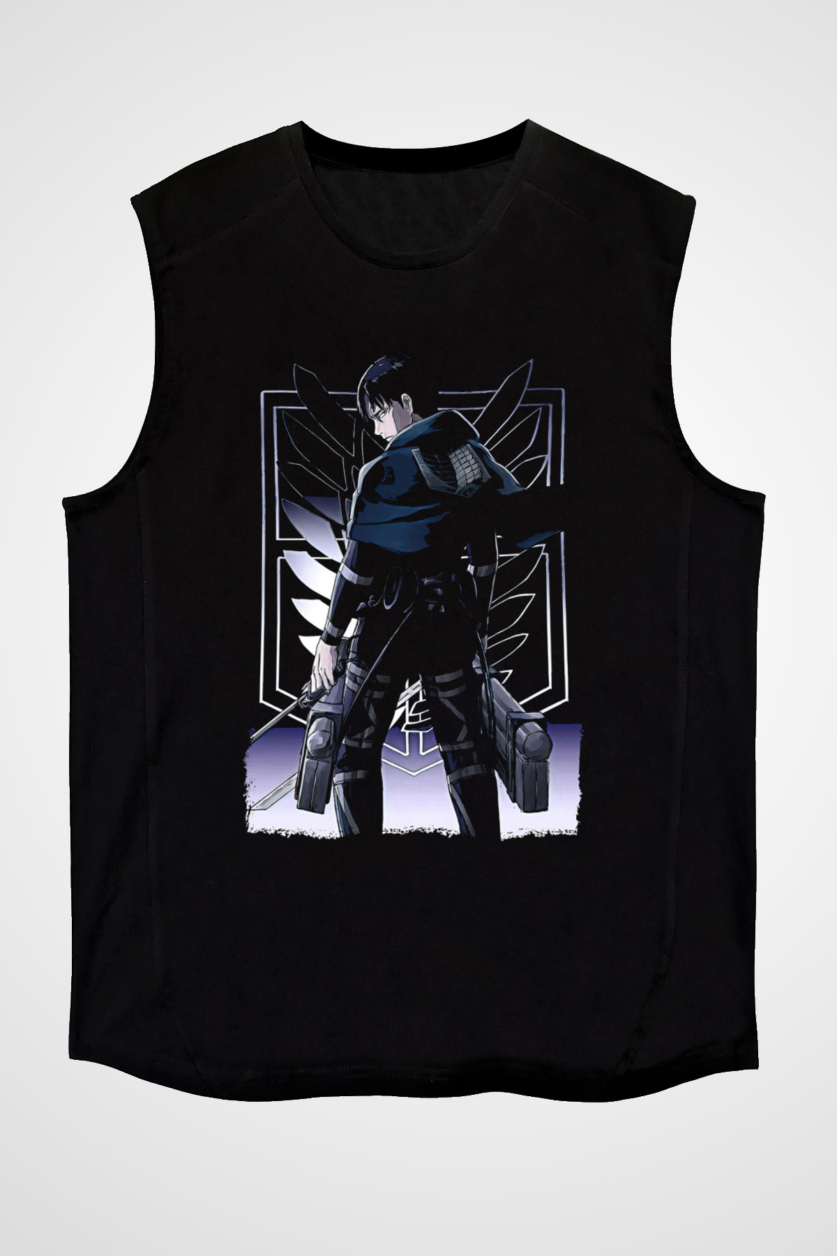 Attack On Titan Baskılı Unisex Siyah Kolsuz Tişört - Tshirt