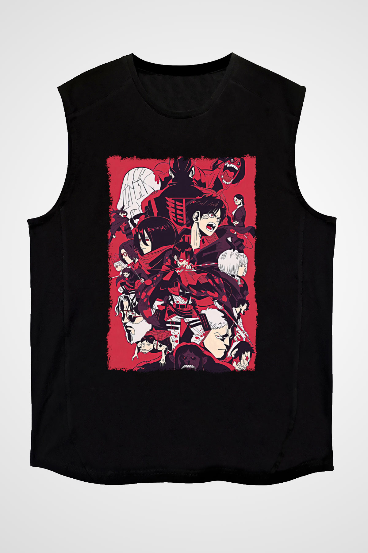 Attack On Titan Baskılı Unisex Siyah Kolsuz Tişört - Tshirt