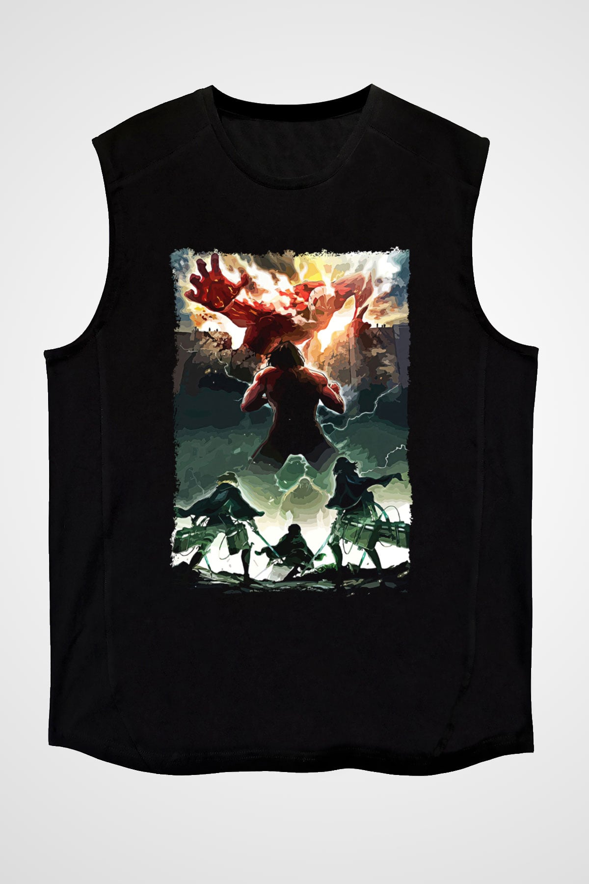 Attack On Titan Baskılı Unisex Siyah Kolsuz Tişört - Tshirt