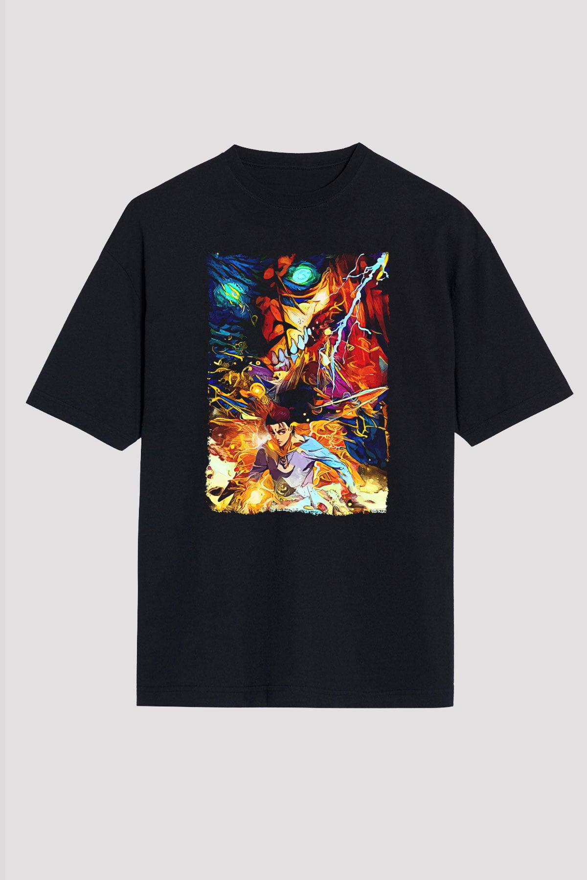 Attack On Titan Baskılı Unisex Siyah Oversize Tişört - Tshirt