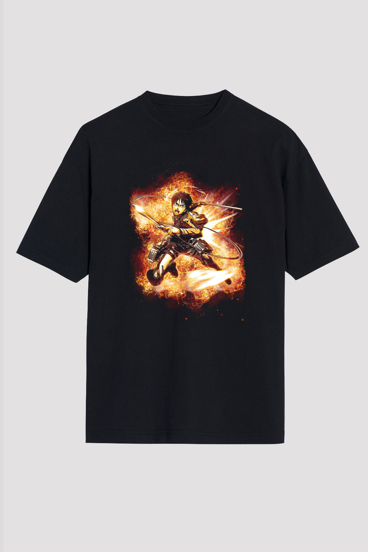 Attack On Titan Baskılı Unisex Siyah Oversize Tişört - Tshirt