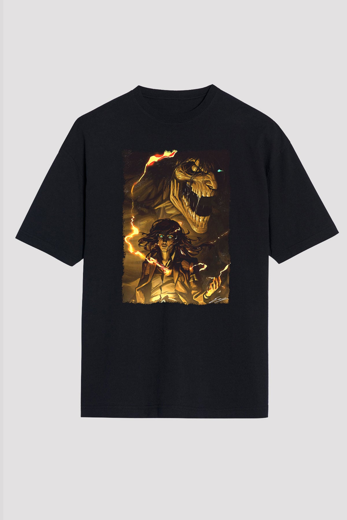 Attack On Titan Baskılı Unisex Siyah Oversize Tişört - Tshirt