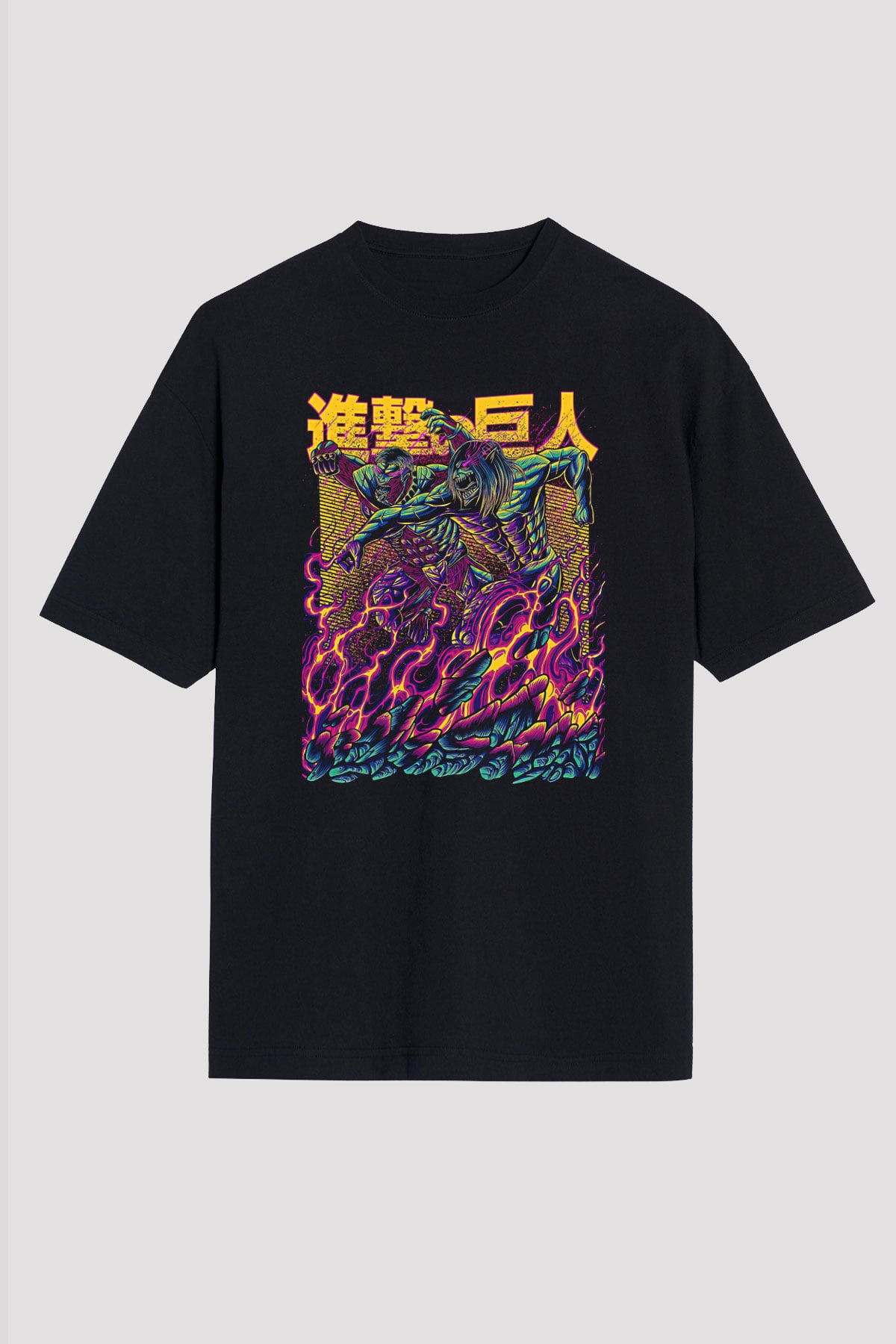 Attack On Titan Baskılı Unisex Siyah Oversize Tişört - Tshirt