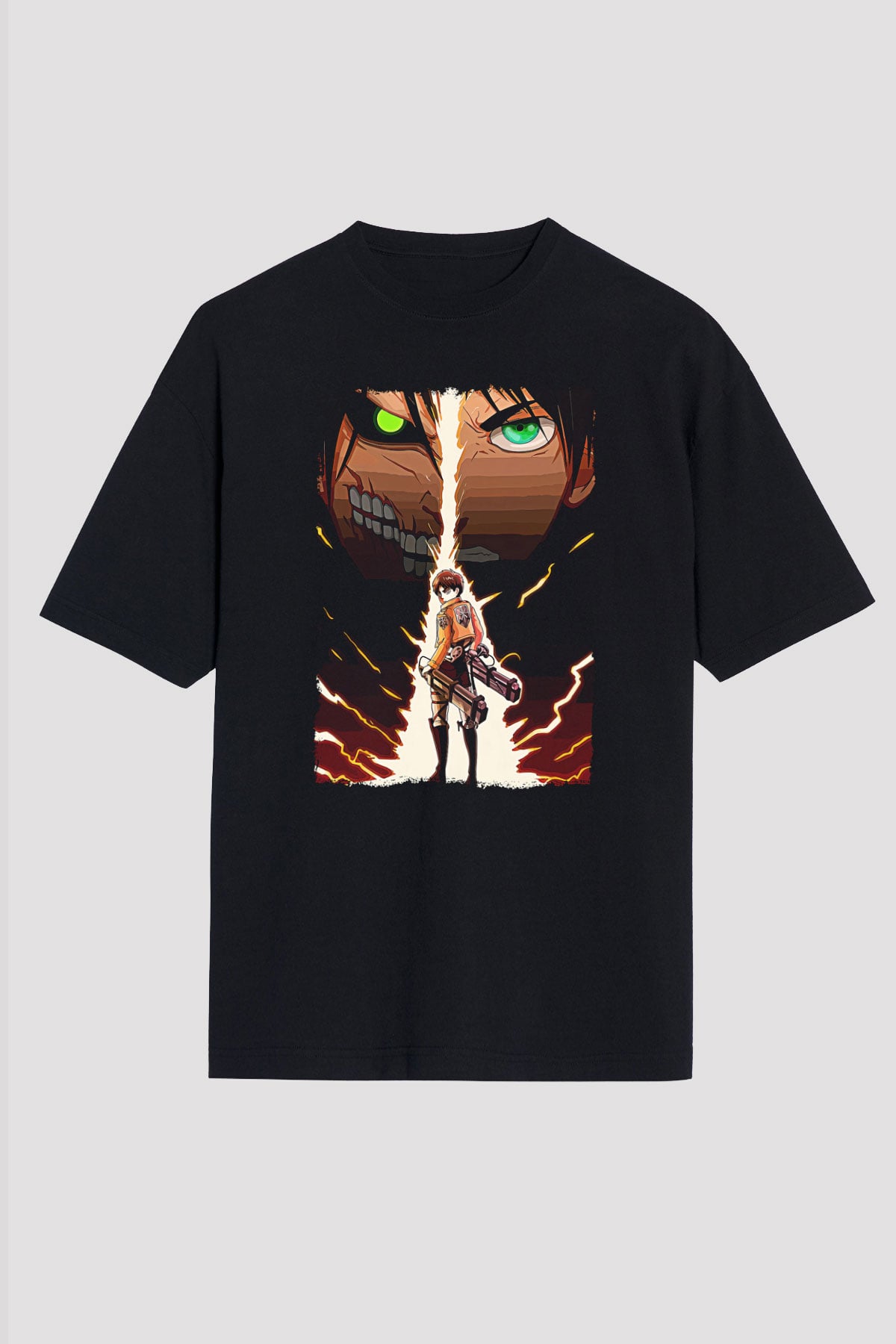 Attack On Titan Baskılı Unisex Siyah Oversize Tişört - Tshirt