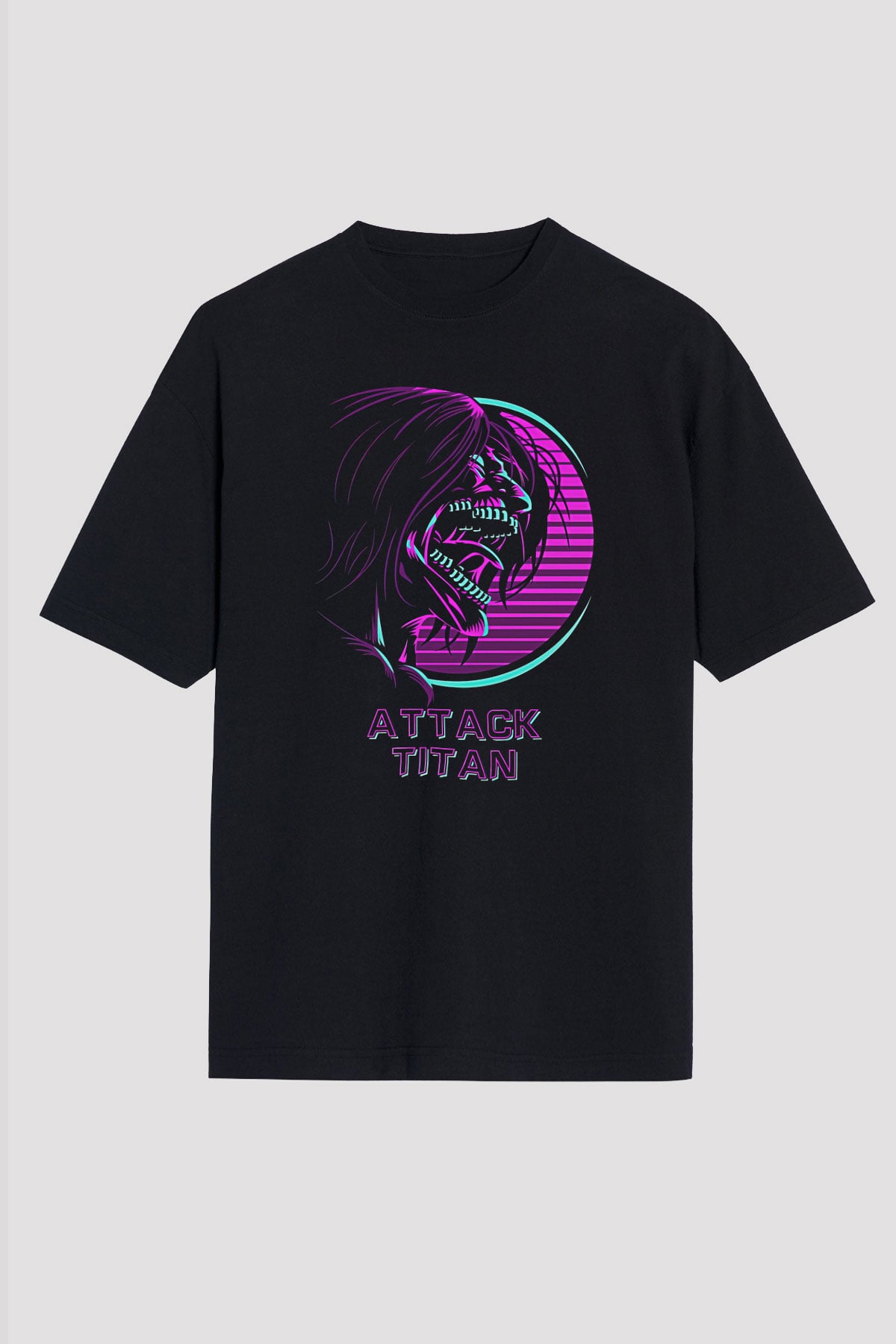 Attack On Titan Baskılı Unisex Siyah Oversize Tişört - Tshirt