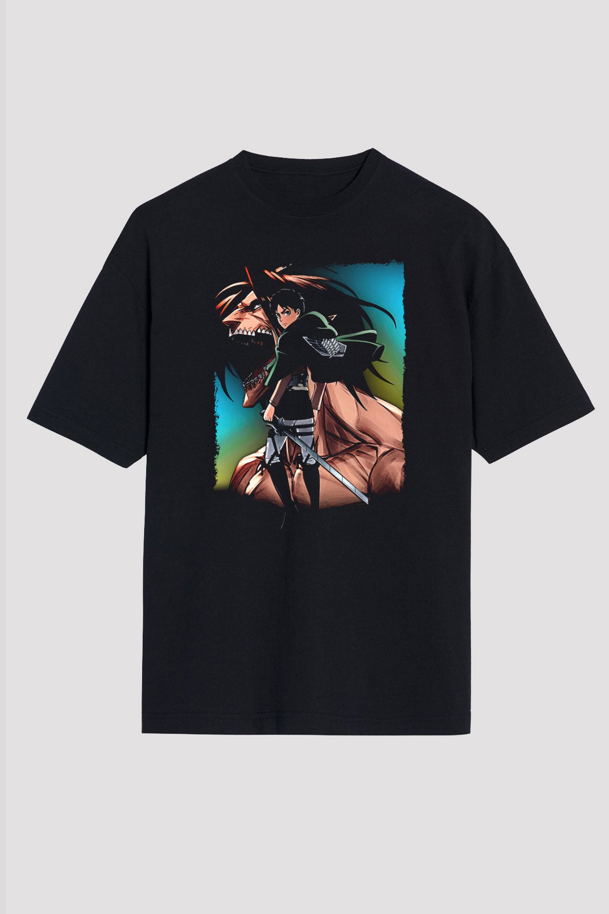 Attack On Titan Baskılı Unisex Siyah Oversize Tişört - Tshirt