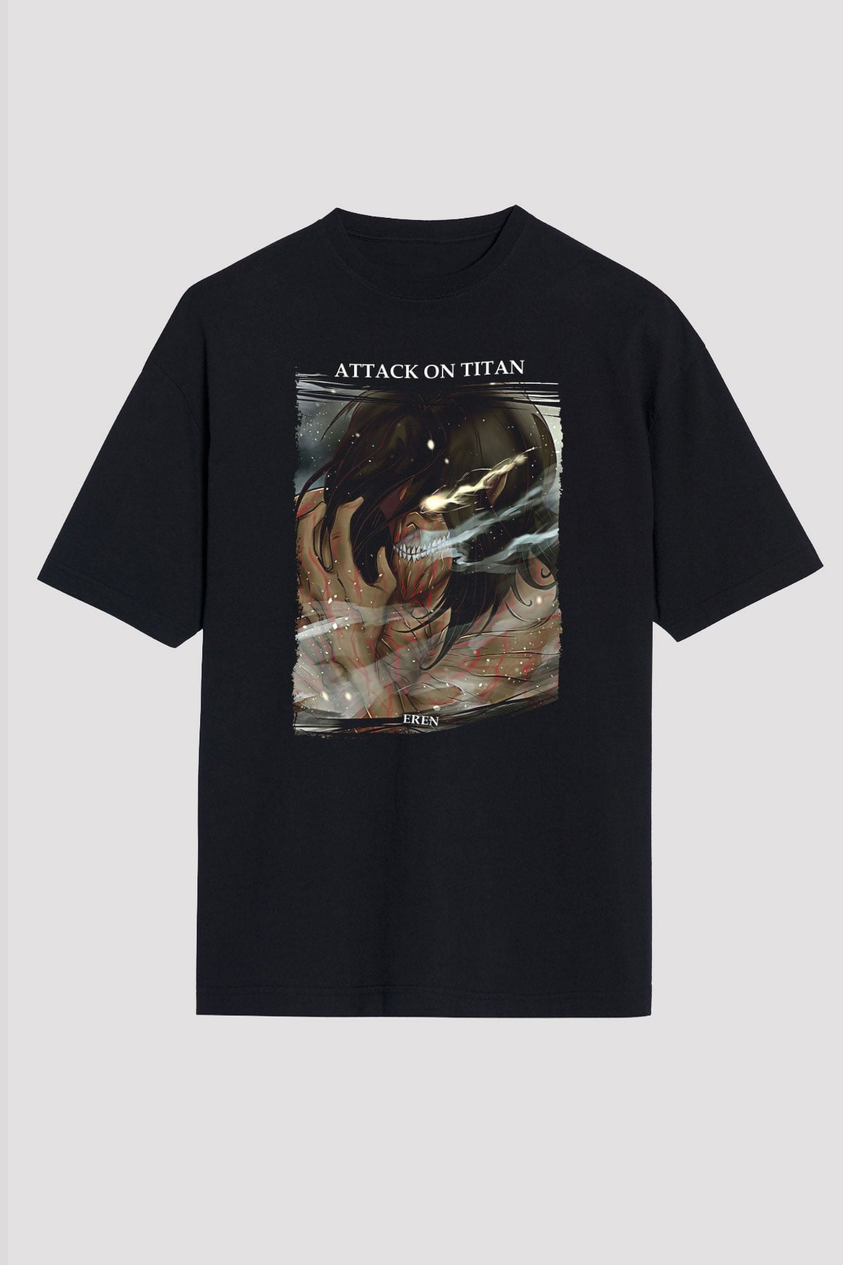 Attack On Titan Baskılı Unisex Siyah Oversize Tişört - Tshirt