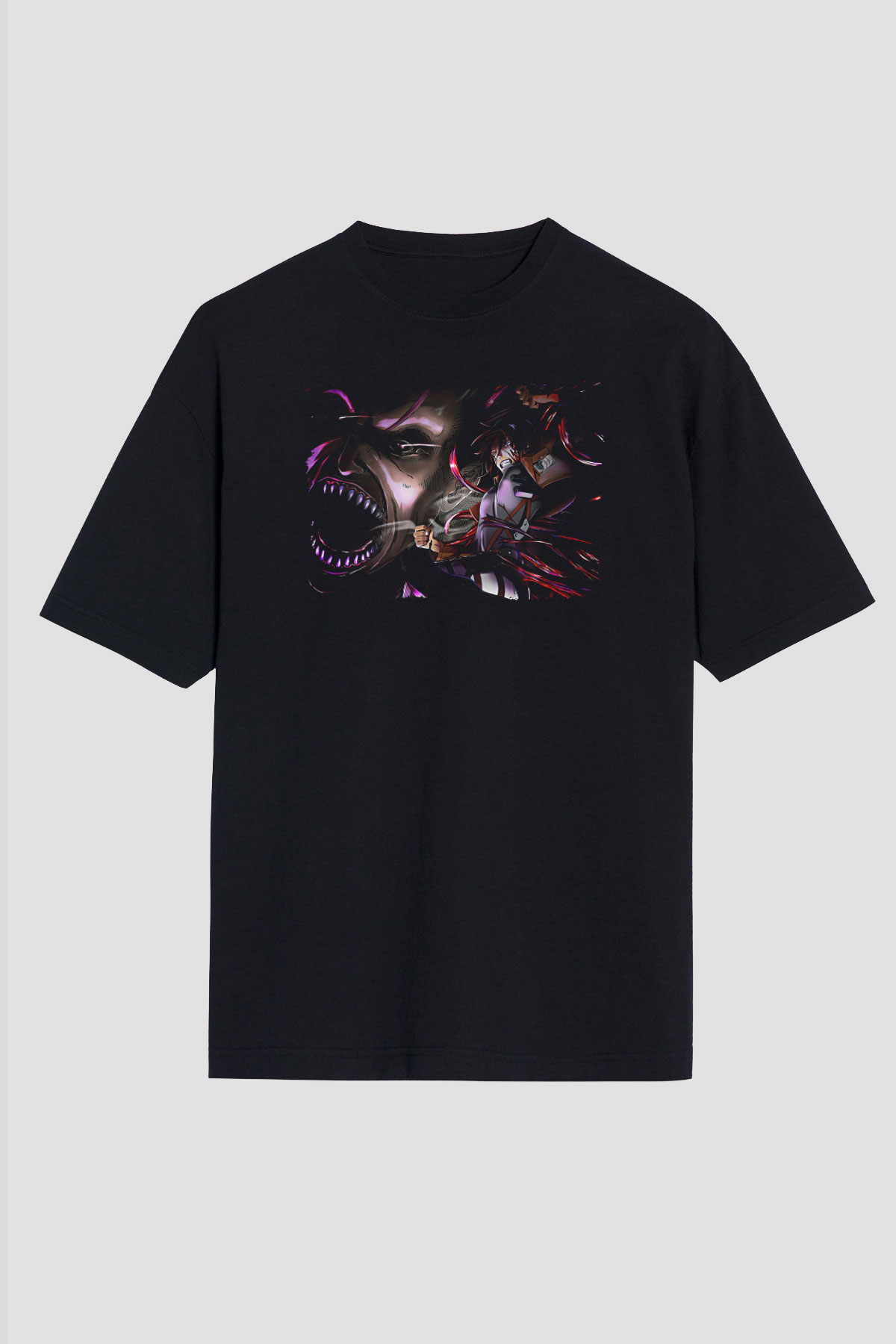 Attack On Titan Baskılı Unisex Siyah Oversize Tişört - Tshirt