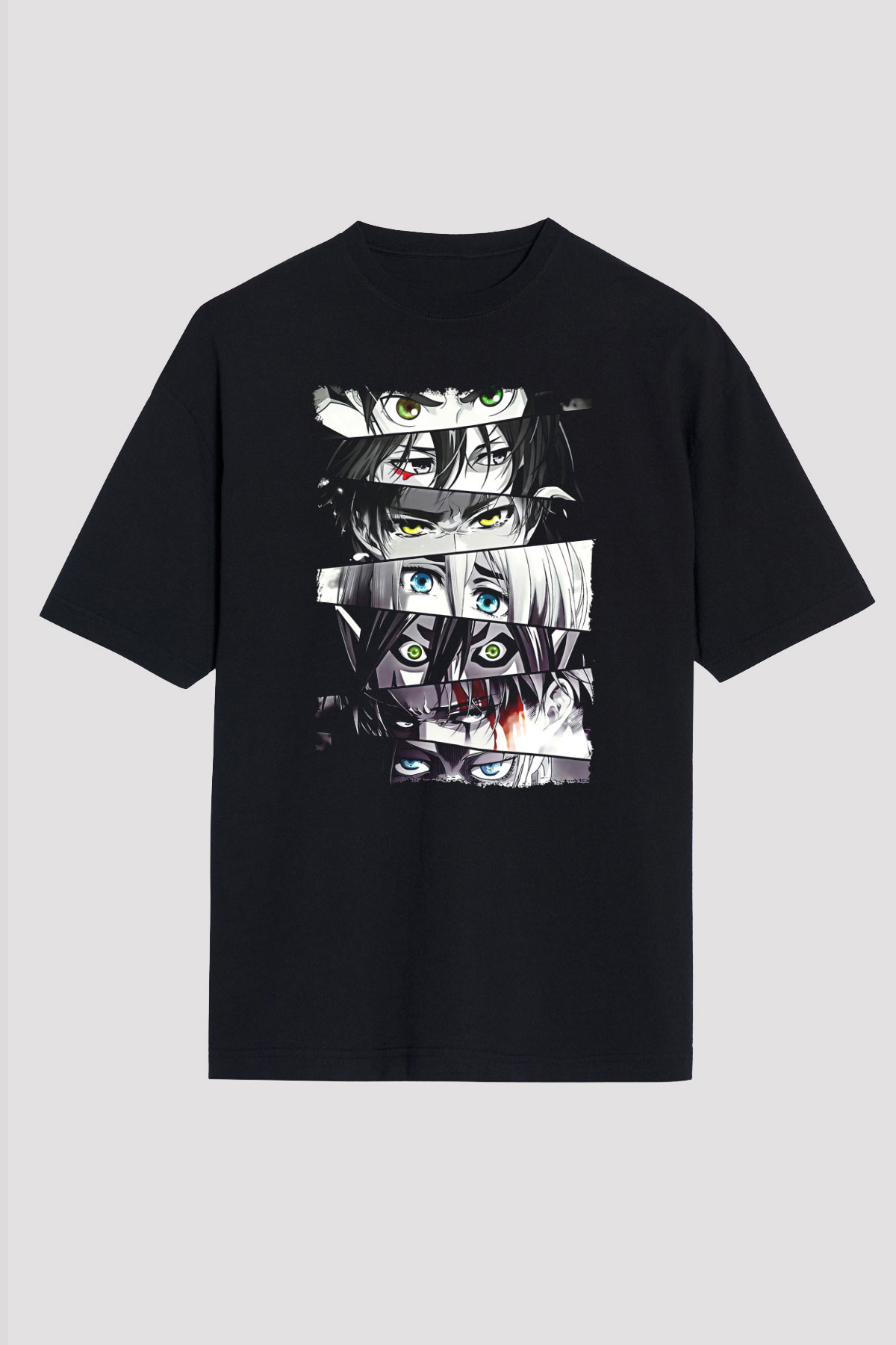 Attack On Titan Baskılı Unisex Siyah Oversize Tişört - Tshirt
