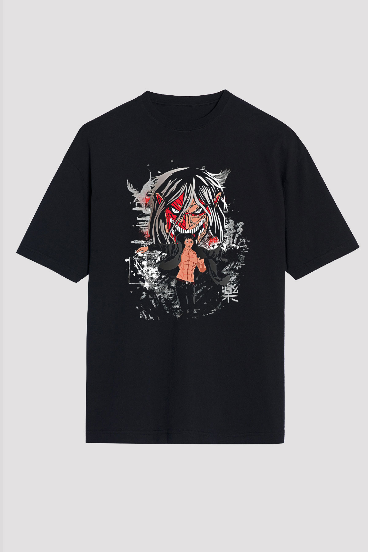 Attack On Titan Baskılı Unisex Siyah Oversize Tişört - Tshirt