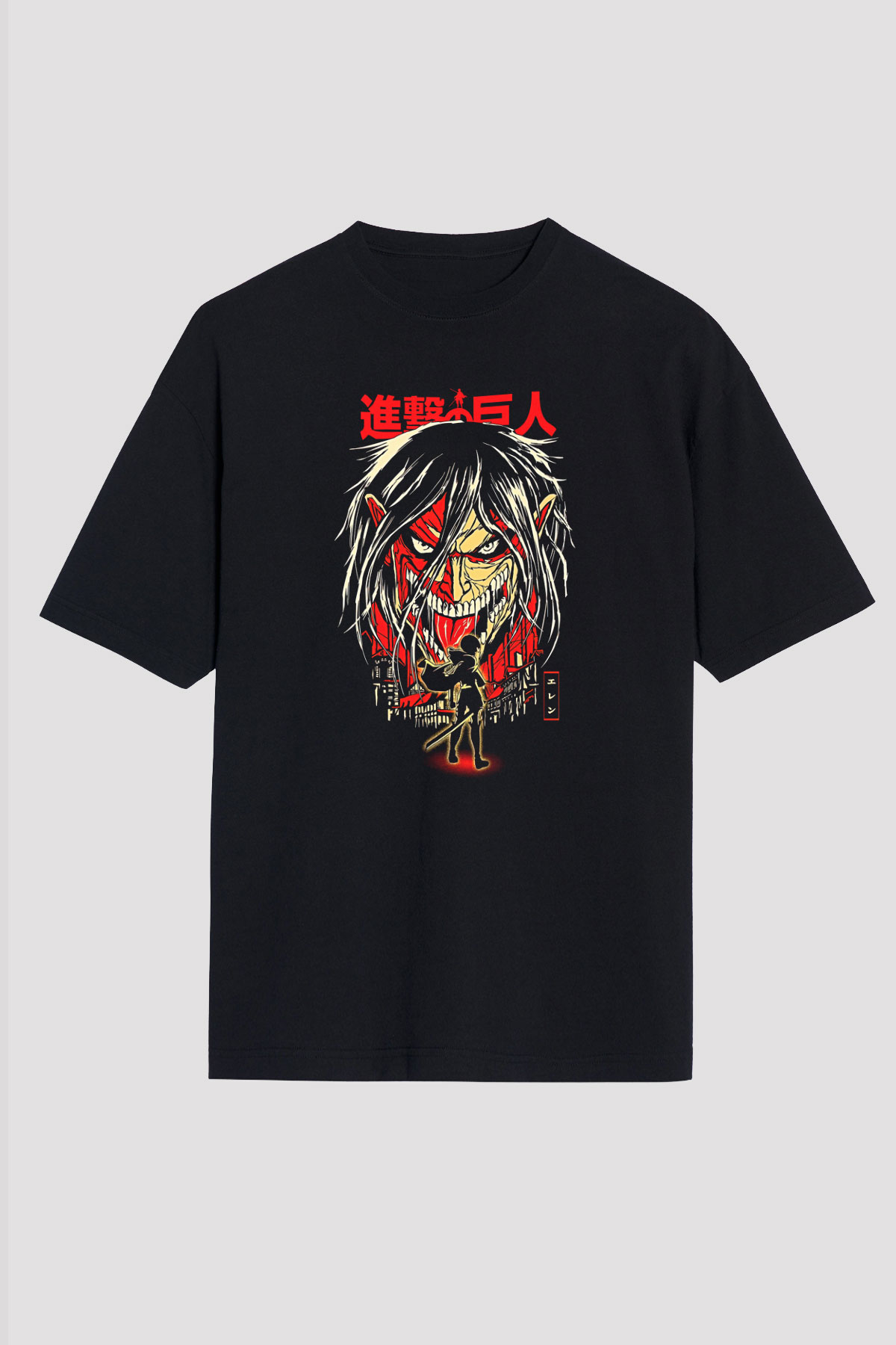 Attack On Titan Baskılı Unisex Siyah Oversize Tişört - Tshirt