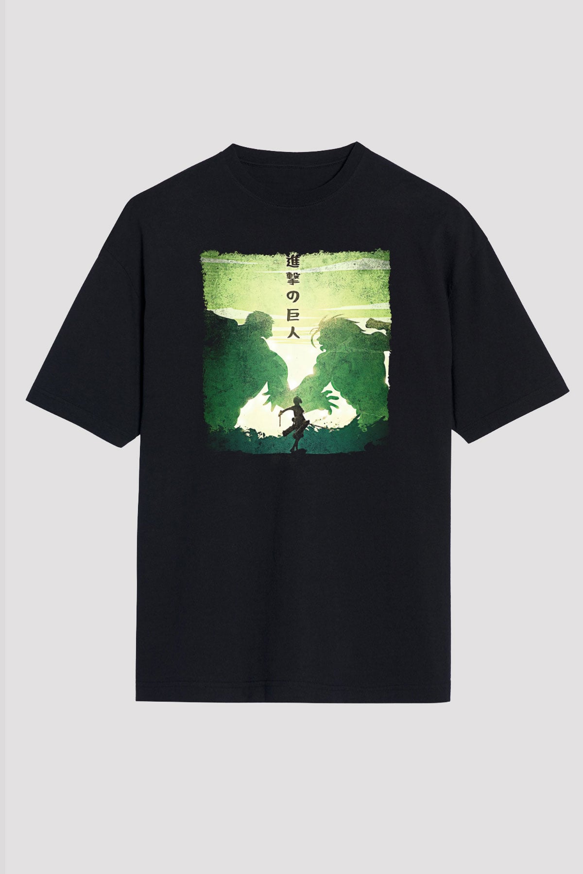 Attack On Titan Baskılı Unisex Siyah Oversize Tişört - Tshirt