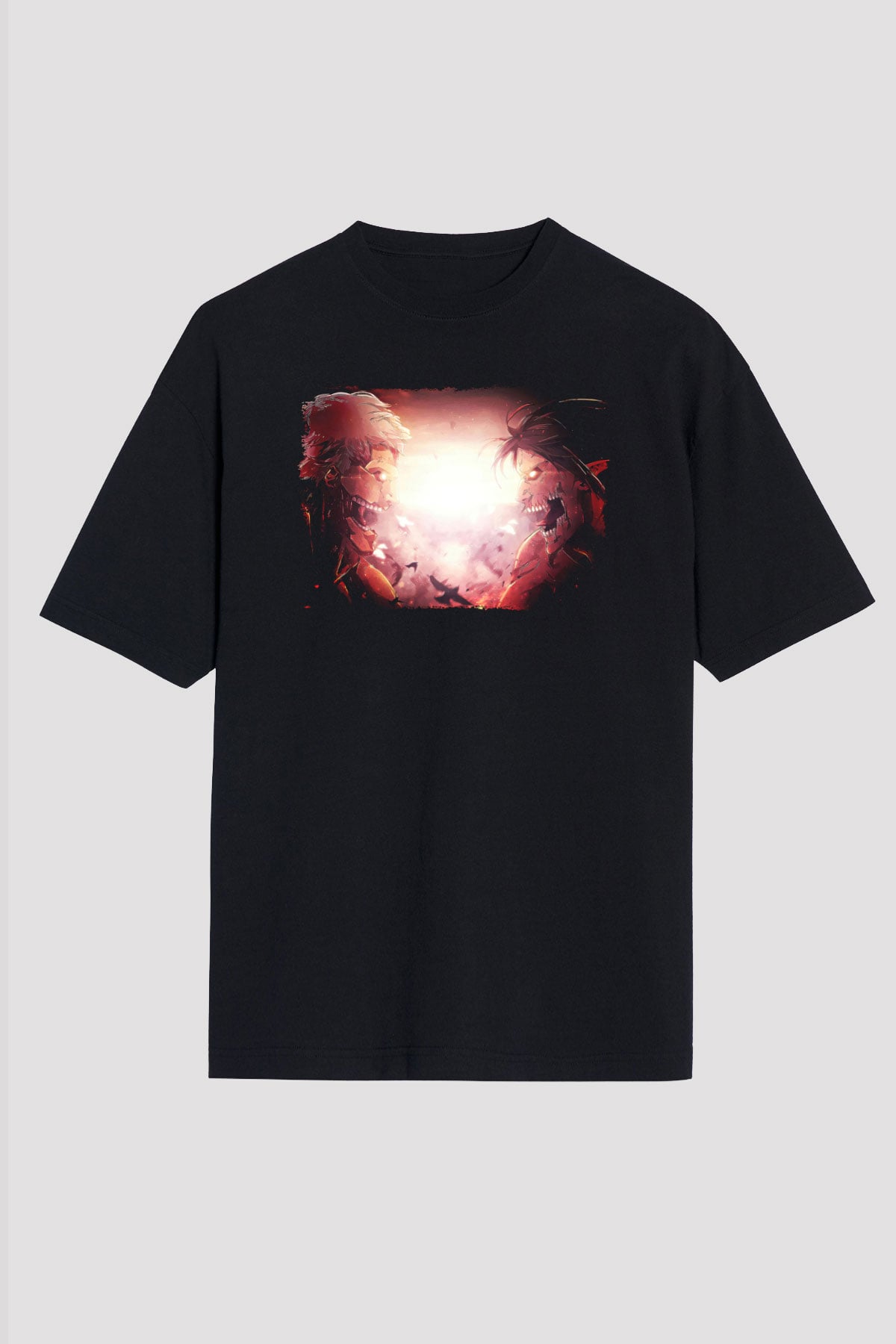 Attack On Titan Baskılı Unisex Siyah Oversize Tişört - Tshirt