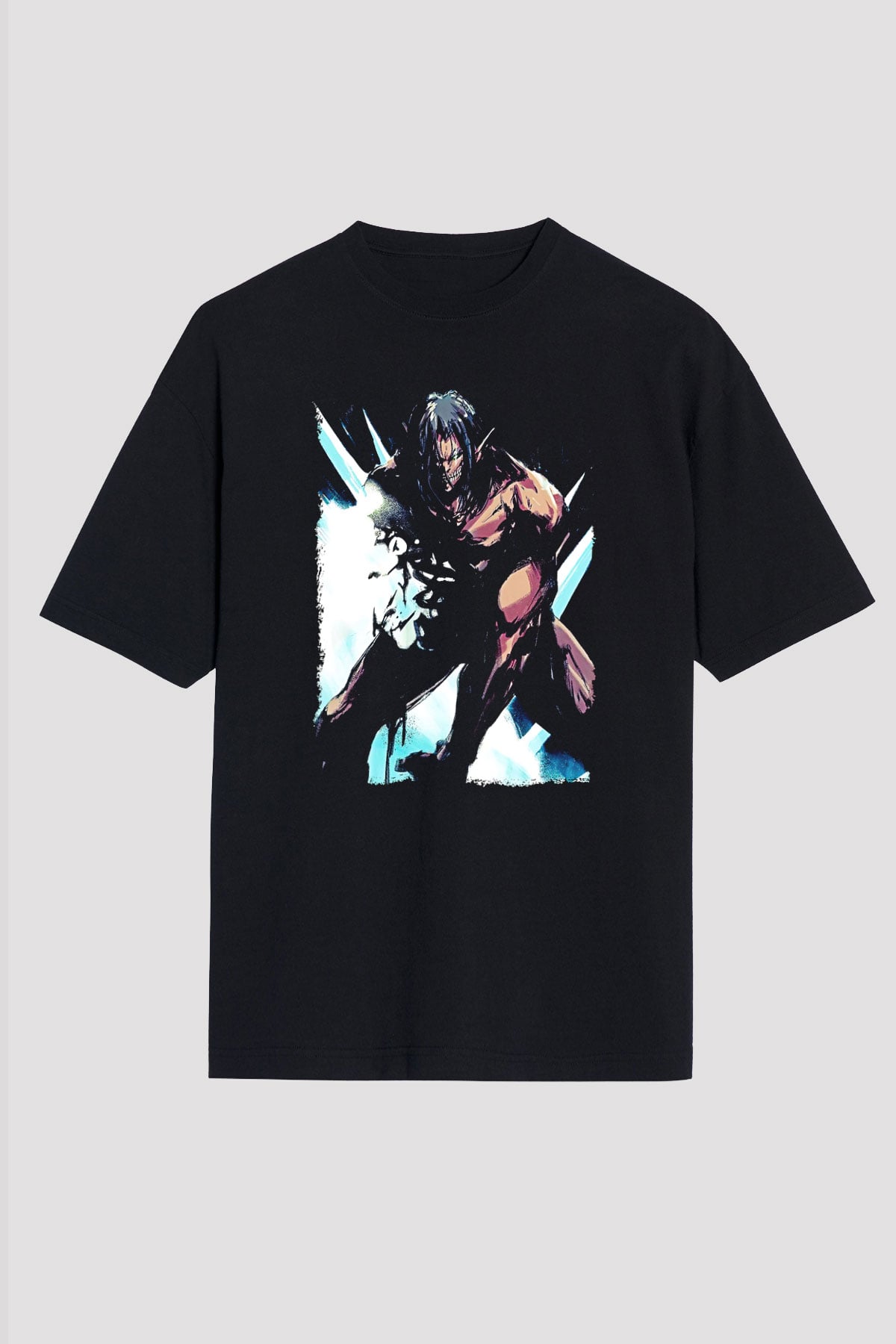 Attack On Titan Baskılı Unisex Siyah Oversize Tişört - Tshirt