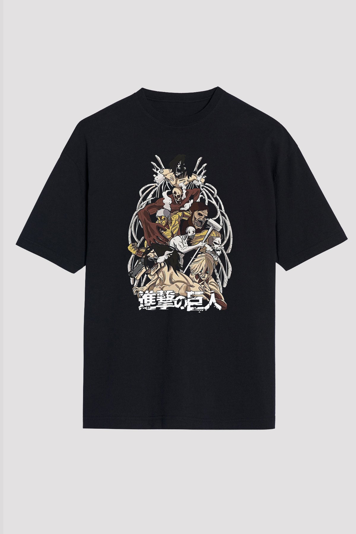 Attack On Titan Baskılı Unisex Siyah Oversize Tişört - Tshirt