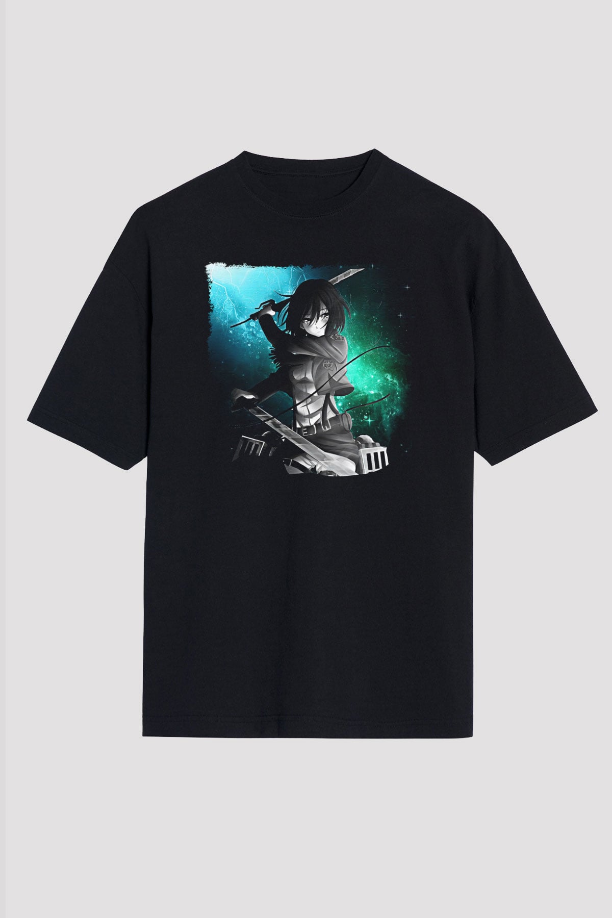 Attack On Titan Baskılı Unisex Siyah Oversize Tişört - Tshirt