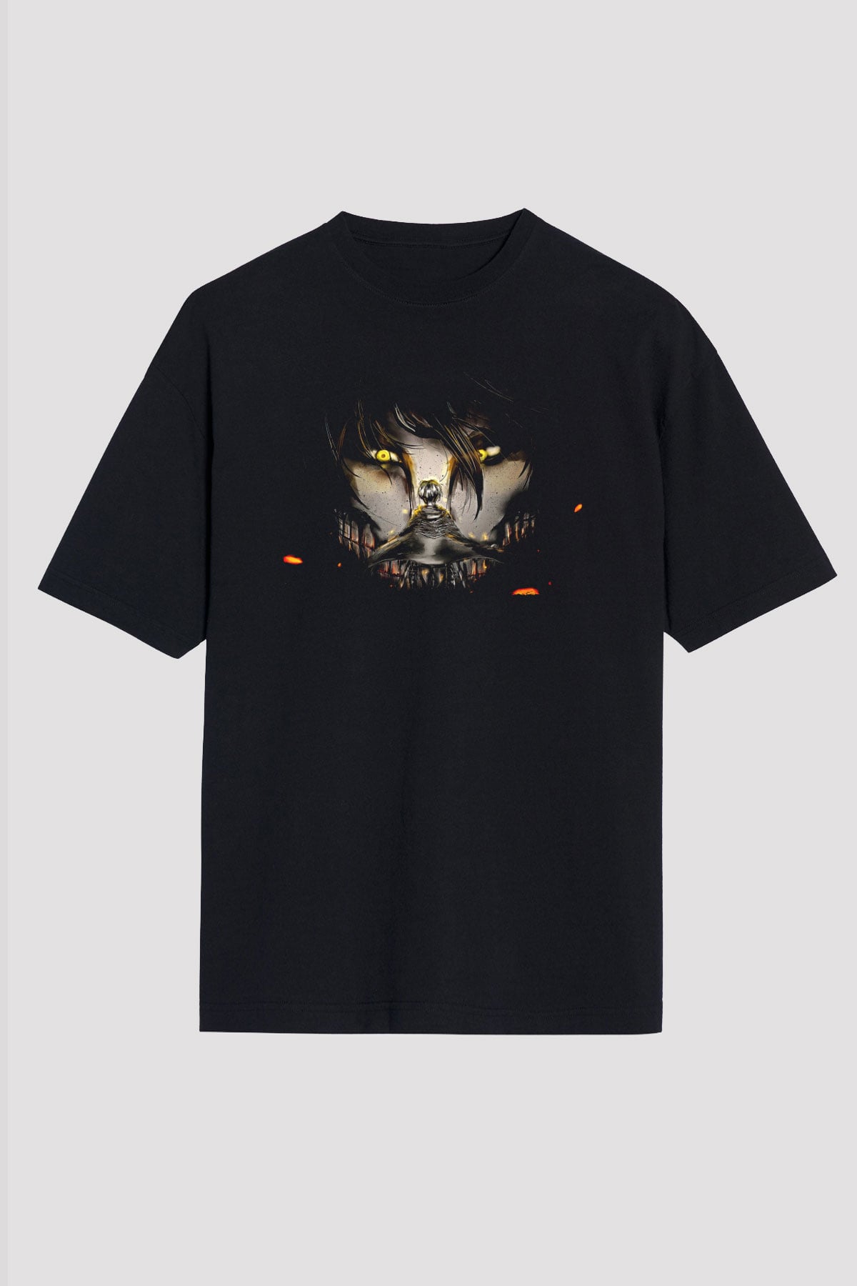 Attack On Titan Baskılı Unisex Siyah Oversize Tişört - Tshirt