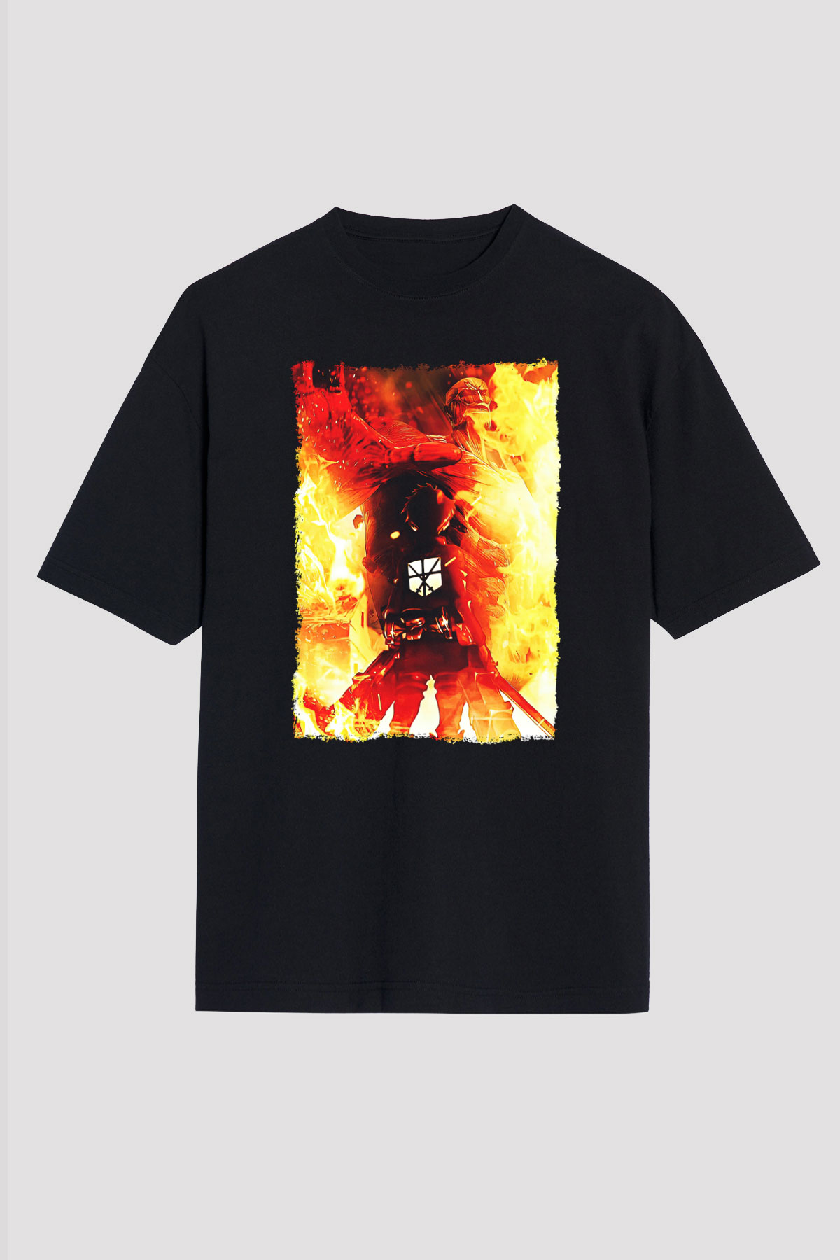 Attack On Titan Baskılı Unisex Siyah Oversize Tişört - Tshirt